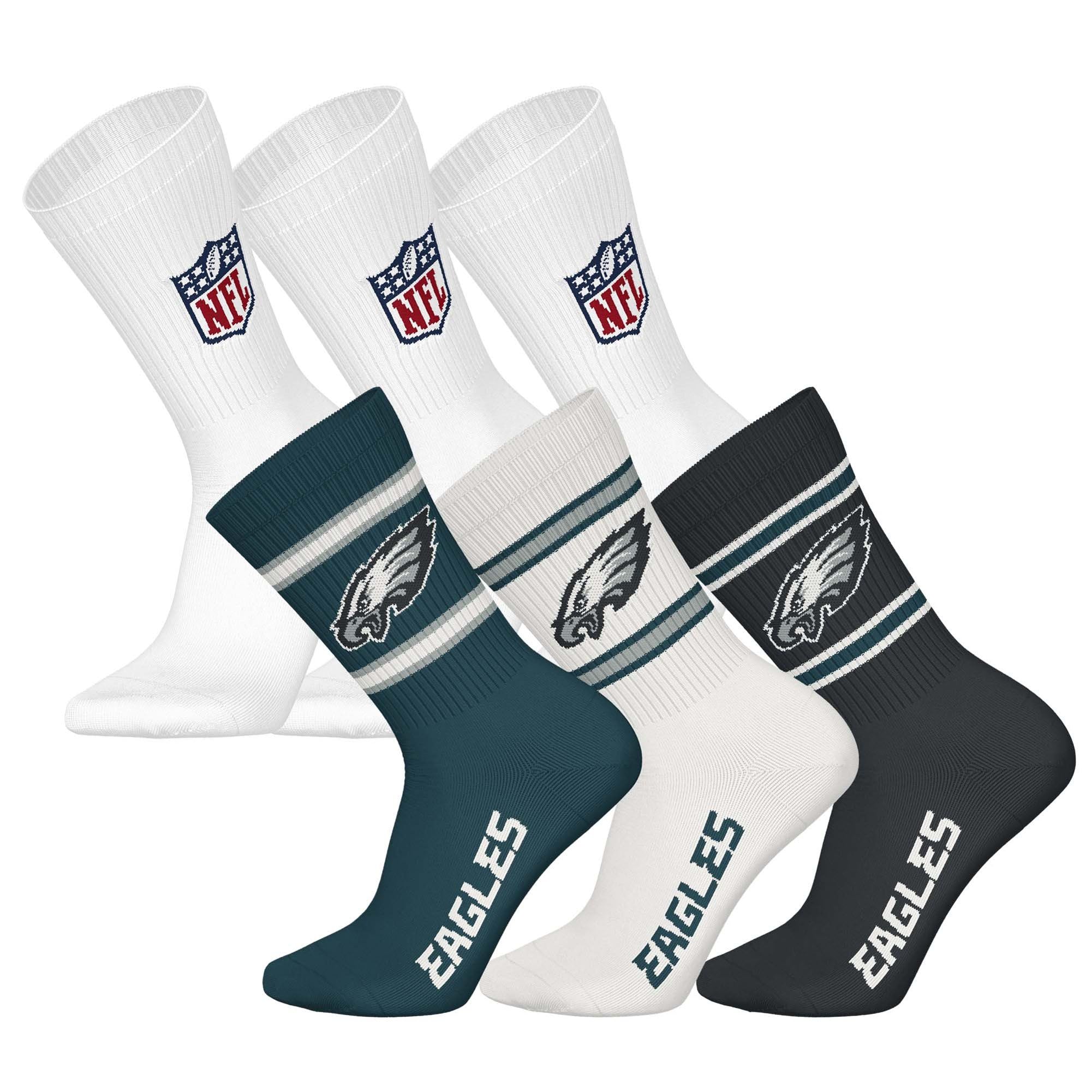 NFL Unisex Team Crew Socks, Philadelphia Eagles, White, 39-42, Pack of 6