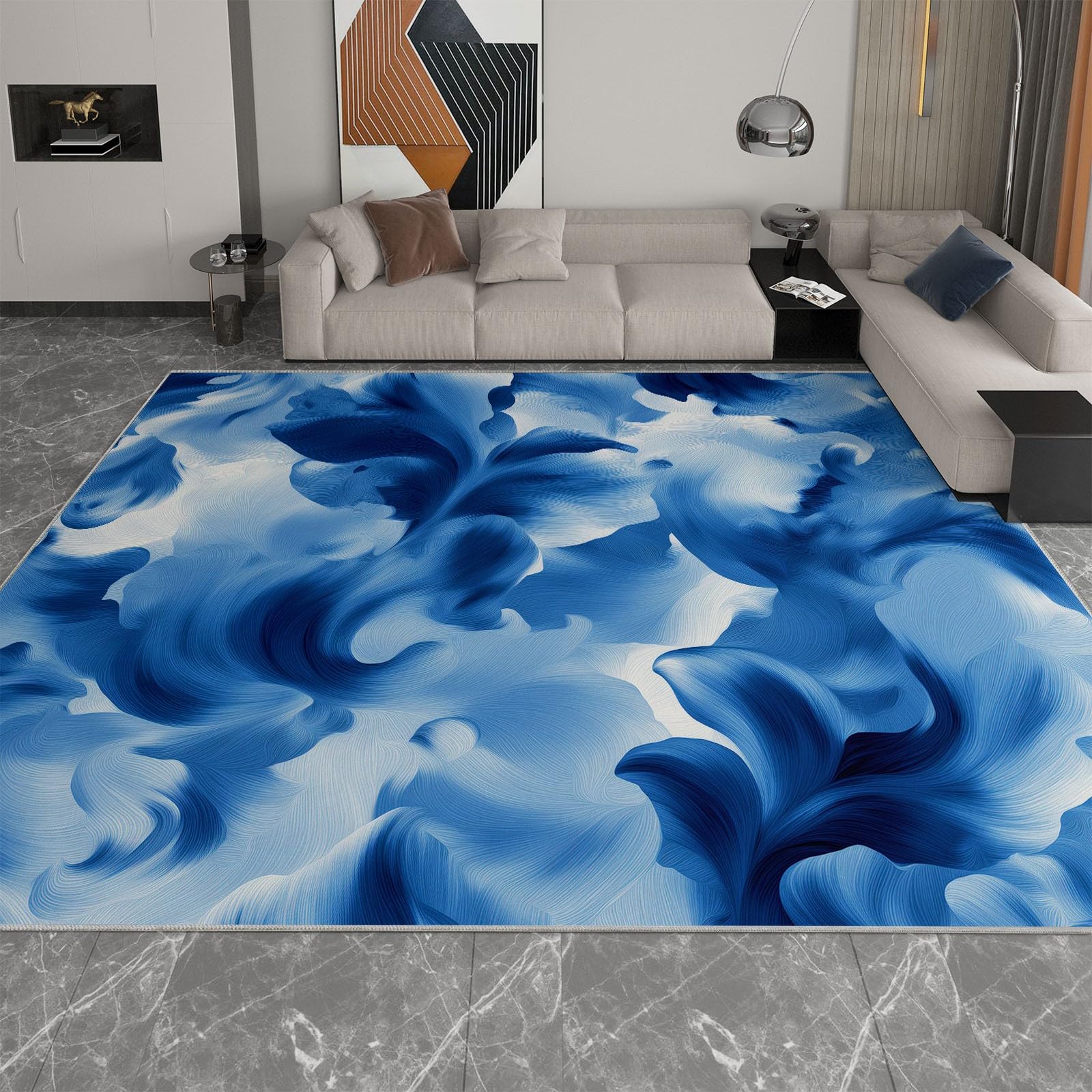 Abstrakcyjny dywan do salonu, kwiatowy wzór, kolorowe klocki, nadaje się do prania, 160 x 230 cm, niebieski, wzór z krótkim włosiem, do sypialni, jadalni, miękki, antypoślizgowy dywan wewnętrzny, do