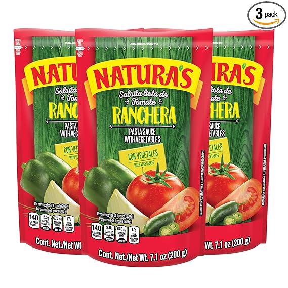 Natura's Salsa Ranchera, Heat-and-Eat Ranch Pasta Sauce in 7.1oz. Easy-Open Pouch (Pack of 3)