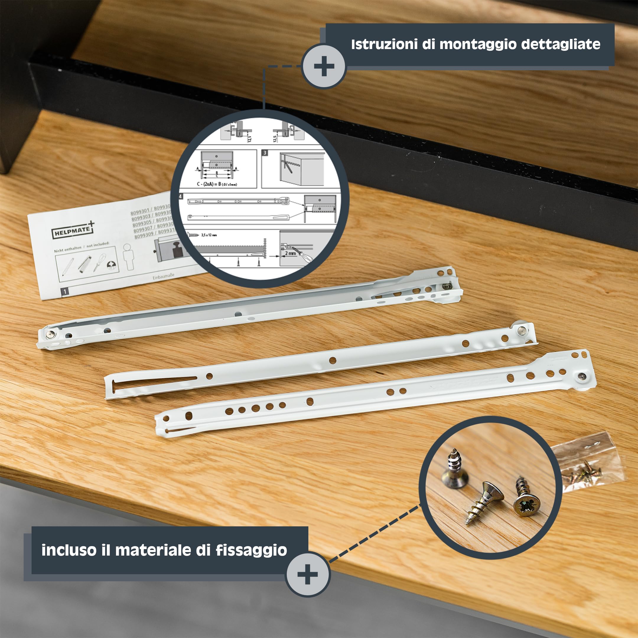 HELPMATE – Guida per binario scorrevole 350 mm – 1 paio – bianca | Guida per cassetti adatta all’estrazione parziale – materiale di fissaggio incluso