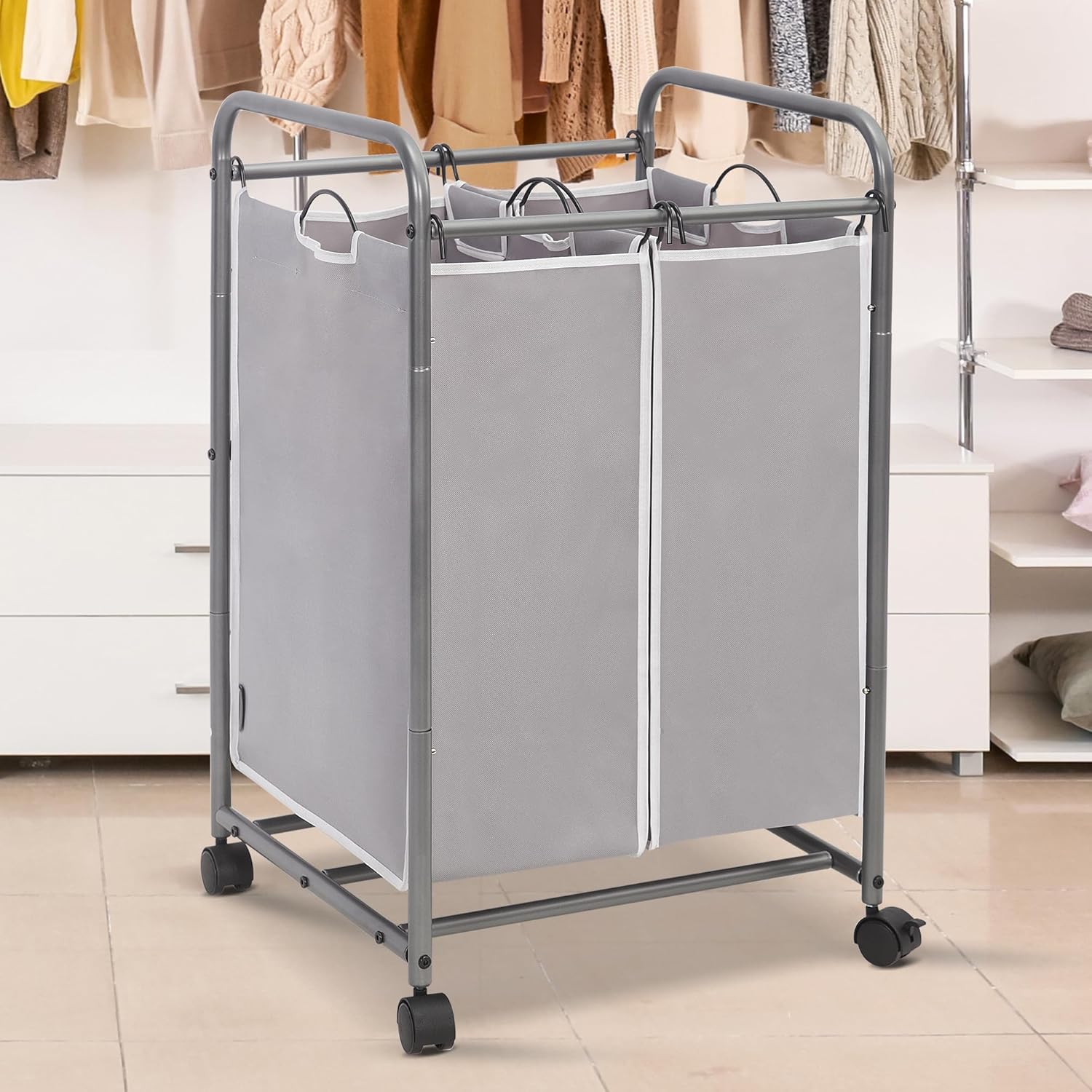 STORAGE MANIAC Laundry Sorter 3 Section Plus 2 Section, Laundry Hamper with Rolling Wheels, Laundry Basket Sorter, Laundry Separator Hamper, Laundry Divider Hamper with Removable Bags