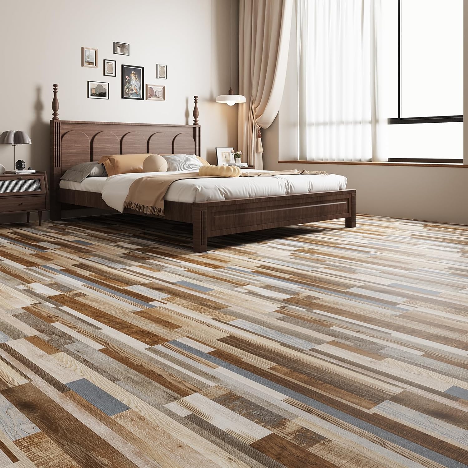 Peel and Stick Flooring, 37-Pack (54 Sq.Ft) Wood-Effect Vinyl Flooring, Waterproof Flooring Planks for Bedroom, Living Room, Kitchen, Multi Colour