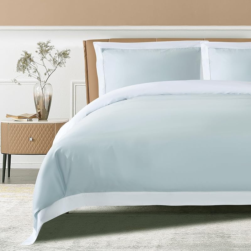 THE COTTON & SILK® Long-Staple Cotton Duvet Cover Set - King Size | Misty Blue + White | 1 Duvet Cover & 2 Pillow Shams | Soft, Breathable, Comfortable, Luxury | Sateen Weave | Genuine 300 TC