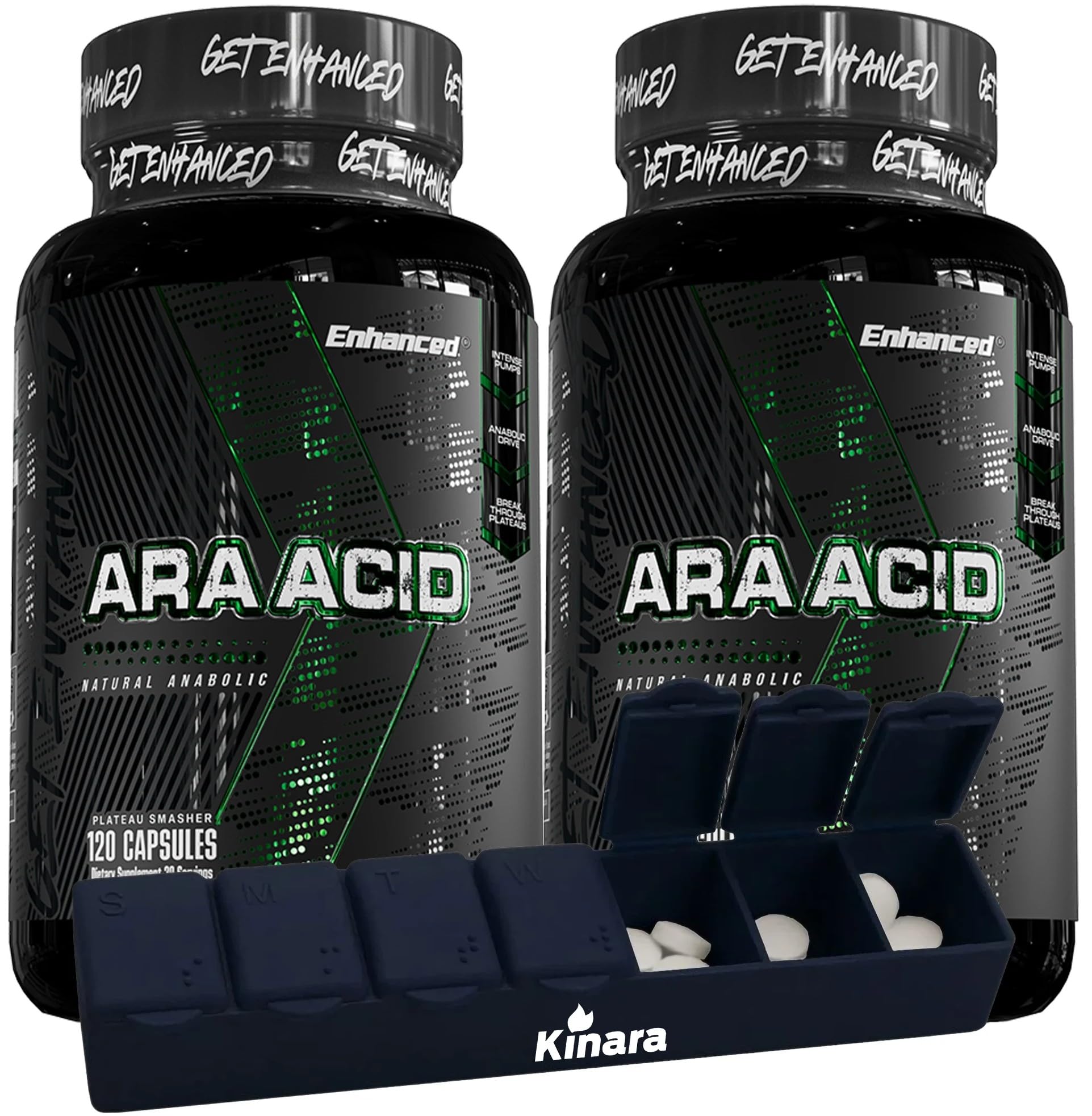 Enhanced Athlete - Arachidonic Acid Supplement - Muscle and Strength Supplement for Increased Muscle Mass & Improved Recovery for Men & Women (120 Capsules) - 2 Pack with Kinara Pill Organizer