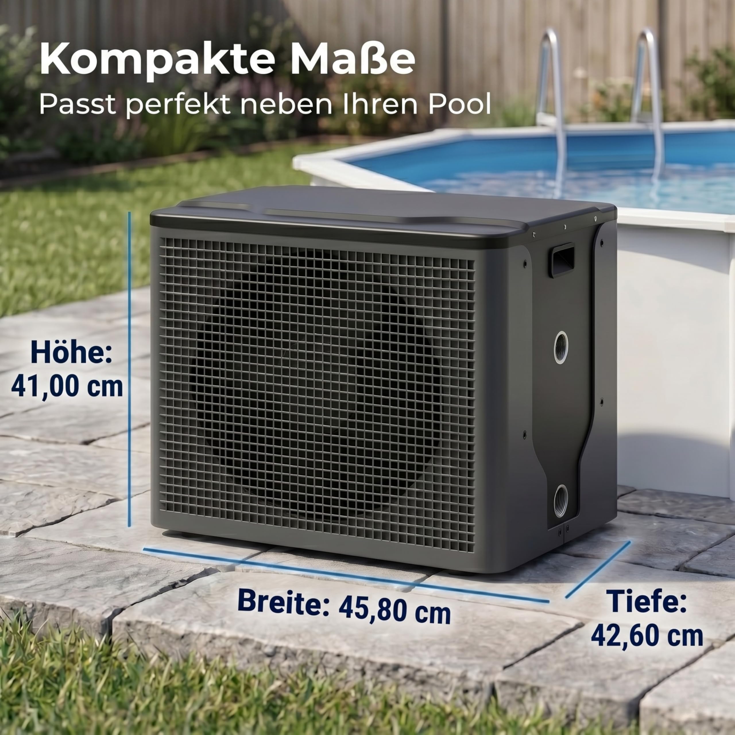 poolomio® Mini Wärmepumpe Pool 5 kW mit WiFi App Steuerung – Effiziente Poolheizung COP 5,10 für Aufstellpool & kleine Pools bis 30.000 Liter – Heizpumpe 32/38 mm Anschluss inkl. Zubehör