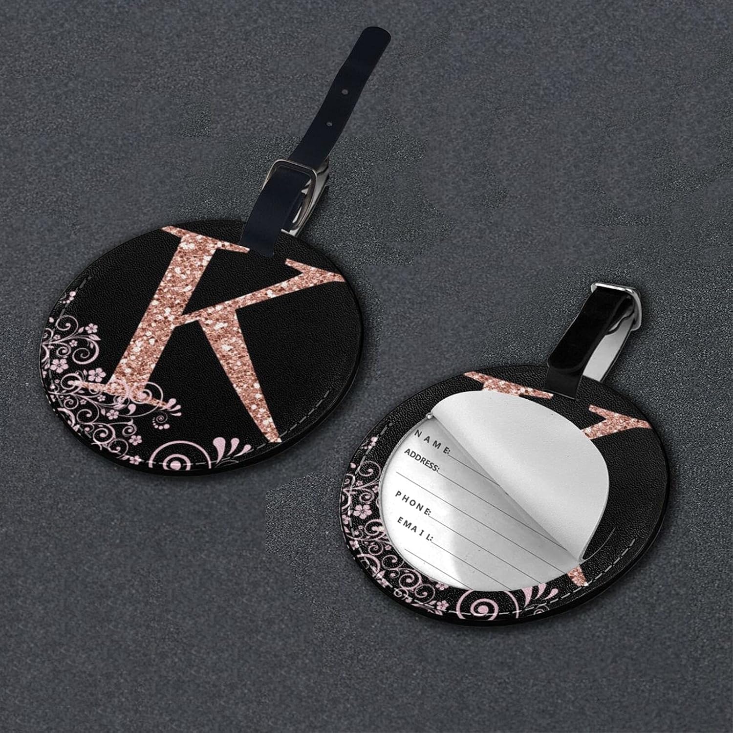 Luggage Tag Rose Gold Pink Floral Letter K, Pu Leather Bag Travel Suitcases Id Identifier Baggage Label for Women Men Boys Girls image 5