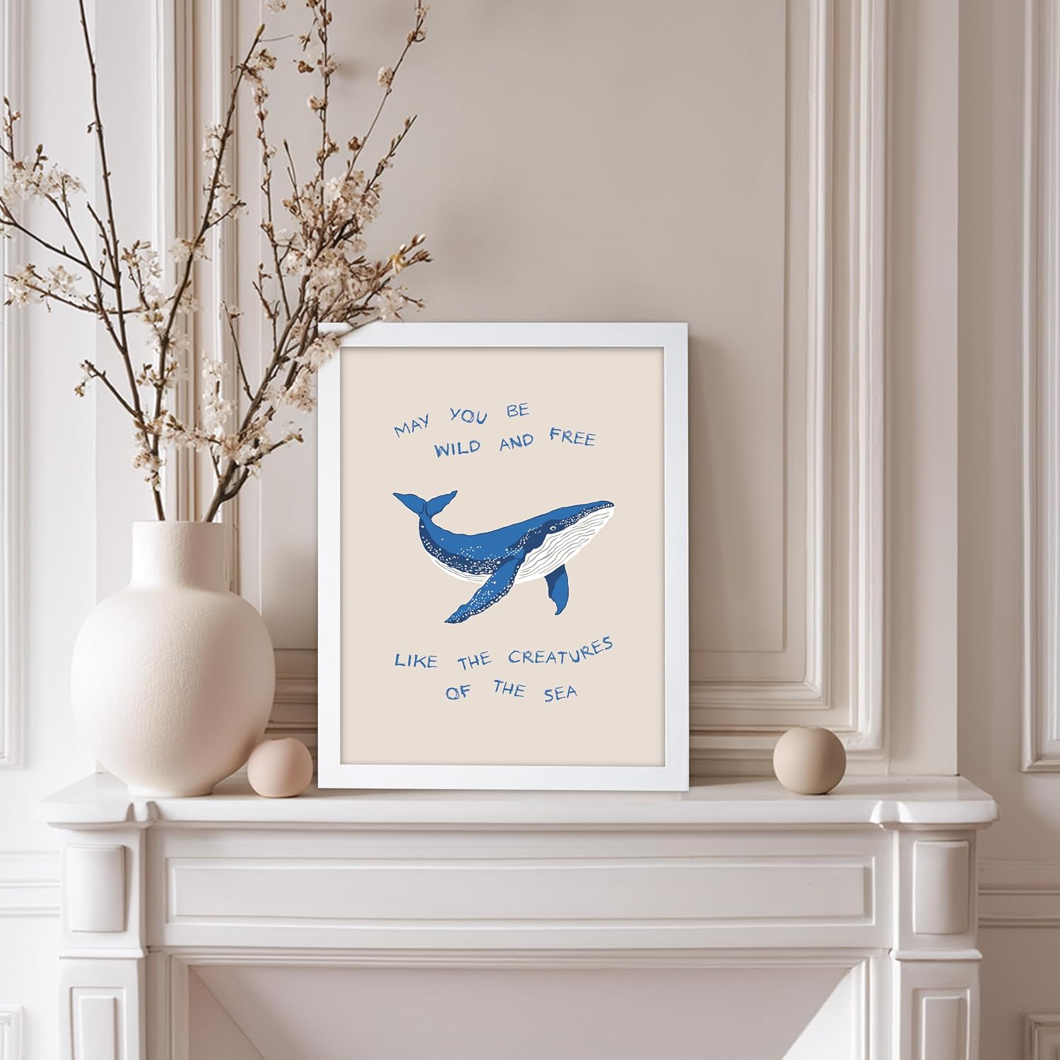 Poster Master Be Wild And Free Poster - Retro Whale Print - Creatures Of the Sea - Motivational Art - Fish Illustration - Chic Boho - Inspiring Ocean or Beach House Wall Decor - 8x10 White Framed