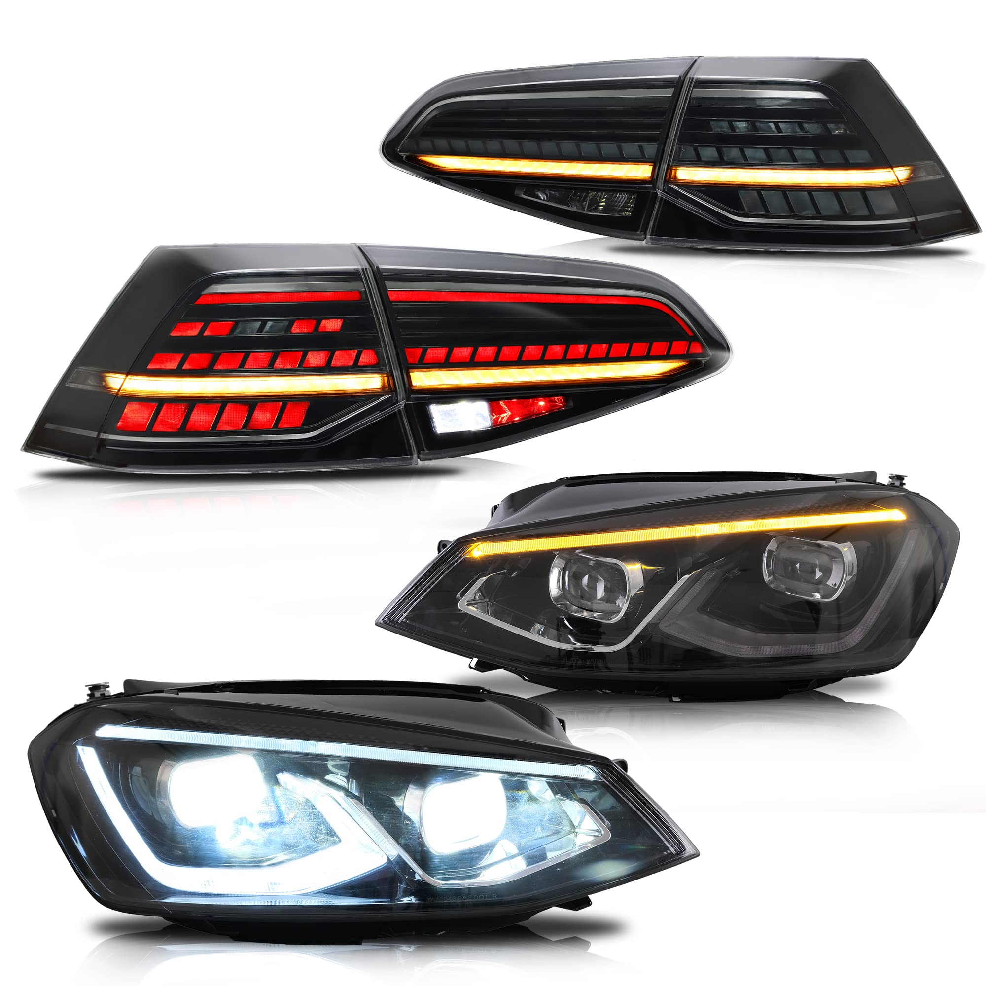 VLAND Full LED zestaw świateł przednich i tylnych do Golf 7 Golf MK7 TSI TDI Halogen 2012-2017 [nie do GTI/GTD/Rline/MK7.5], z sekwencyjnym kierunkowskazem (reflektor + czarny tył)
