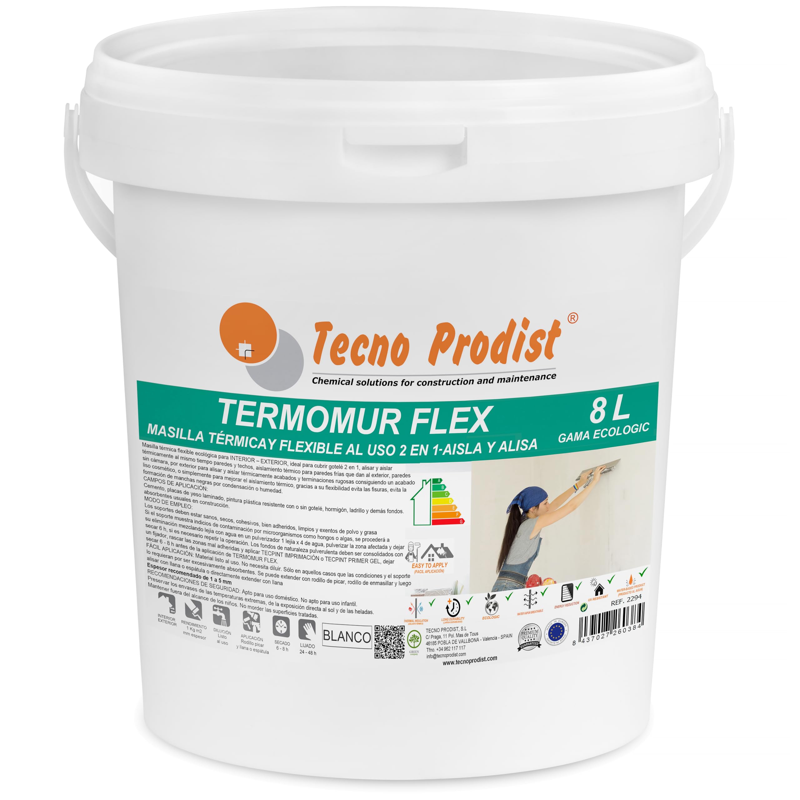 TERMOMUR FLEX di Tecno Prodist (8 litri) stucco in pasta pronto all'uso, lisciatura e isolamento termico allo stesso tempo, interno o esterno, copritelé, grande adesione su vernici, piastrelle, ecc