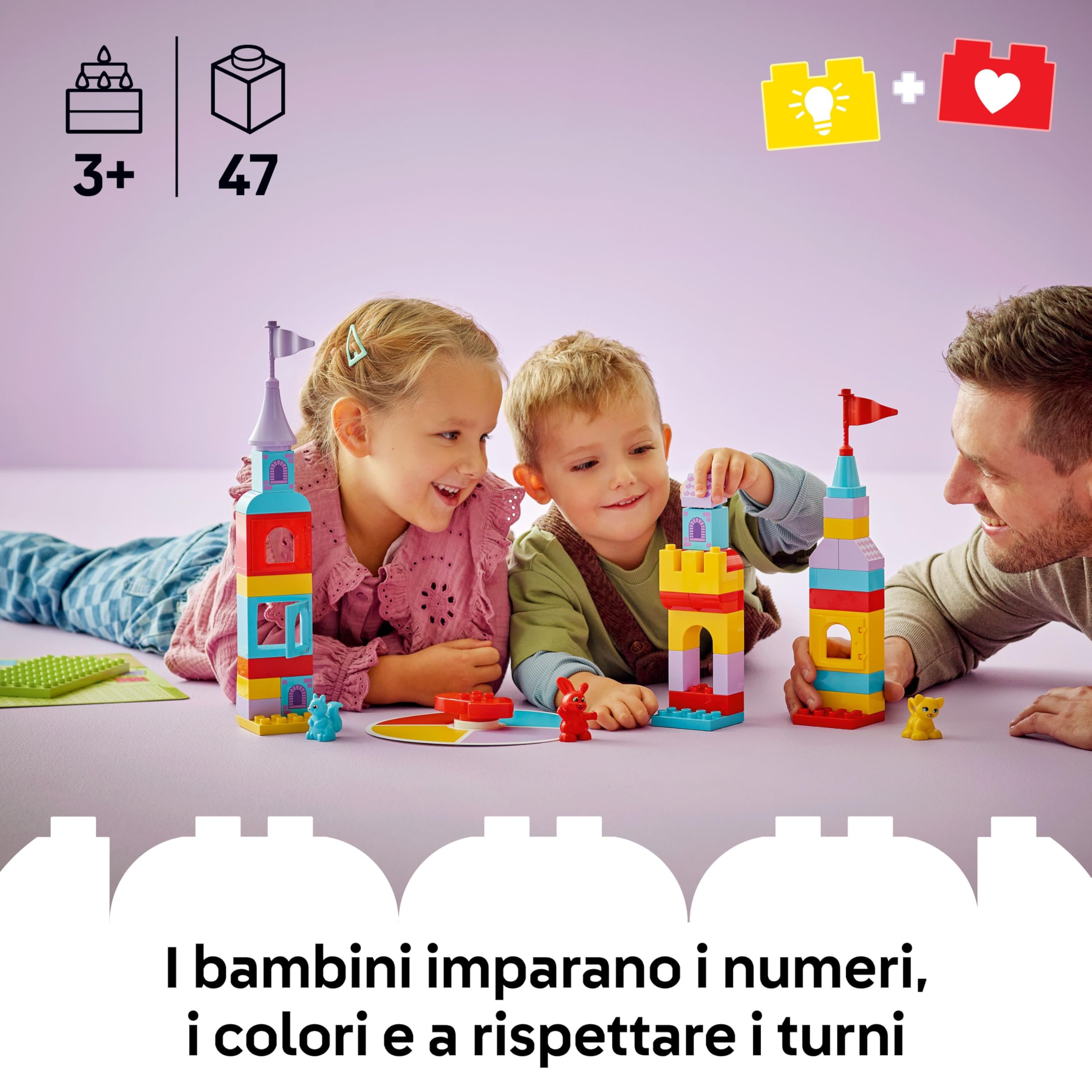 LEGO DUPLO Gioco al Castello con Salterello - Giochi Educativi per la Motricità Fine con 3 Animali Giocattolo, Castello e Gioco da Tavolo con Freccia Girevole - Regalo per Bambini da 3 Anni - 10450