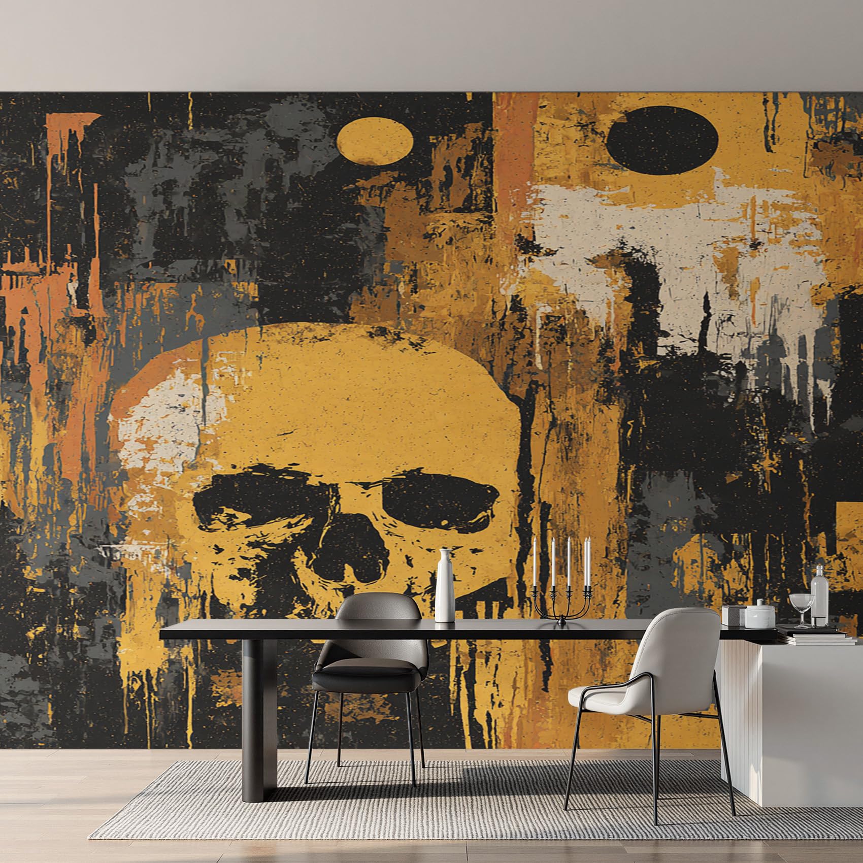Papier peint squelette abstrait pour relooker un grand mur de salon blanc
