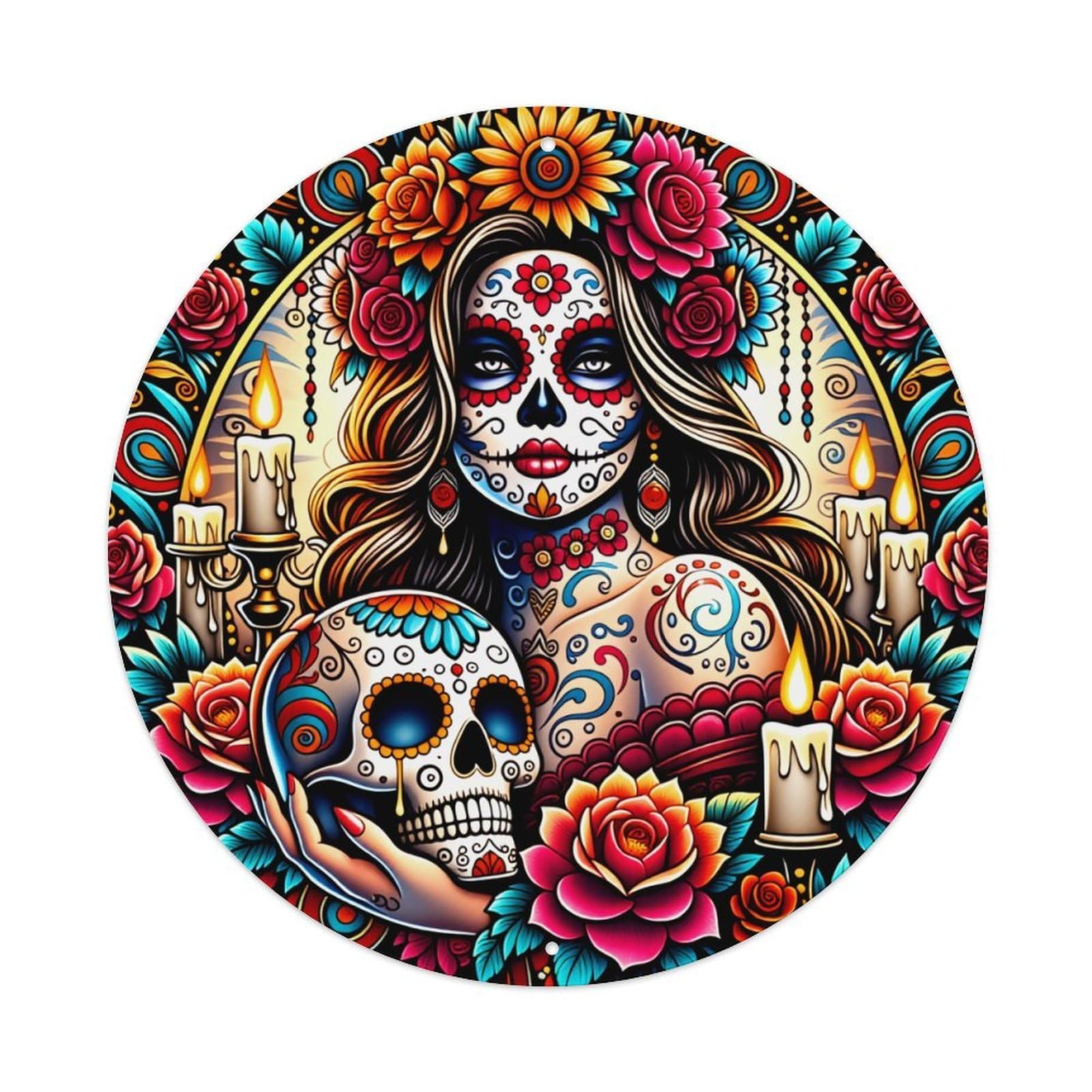 Day Of The Dead Art_1 Round Tin Sign Vintage Style Metal Sign Home Bar Garden Wall Plaque Decor Metal Poster 8x8 Inch