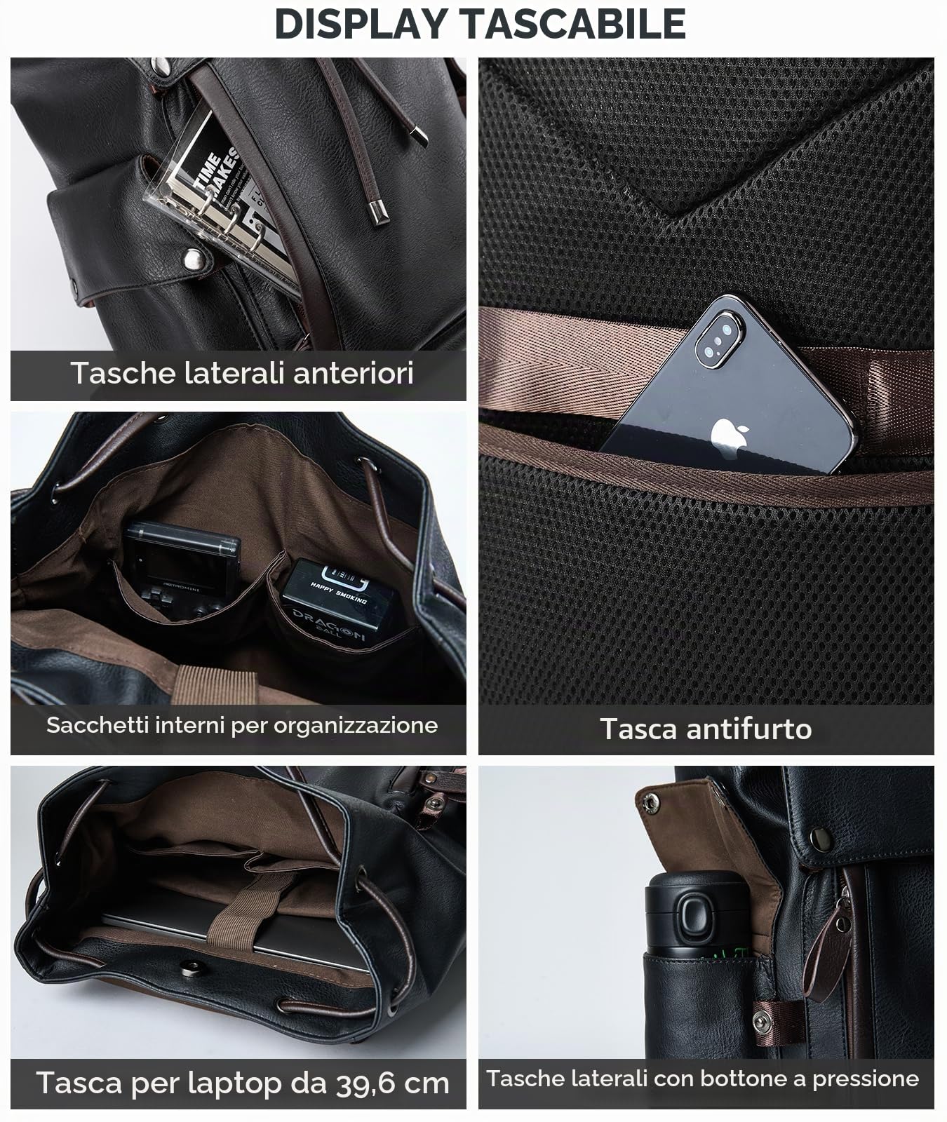 Zaino in Pelle Impermeabile per Laptop 15,6 Pollici, Vintage Elegante per Donna, Lavoro Uomo in Pelle Sintetica, Nero Con Presa USB per Affari, Scuola, Viaggi, Università