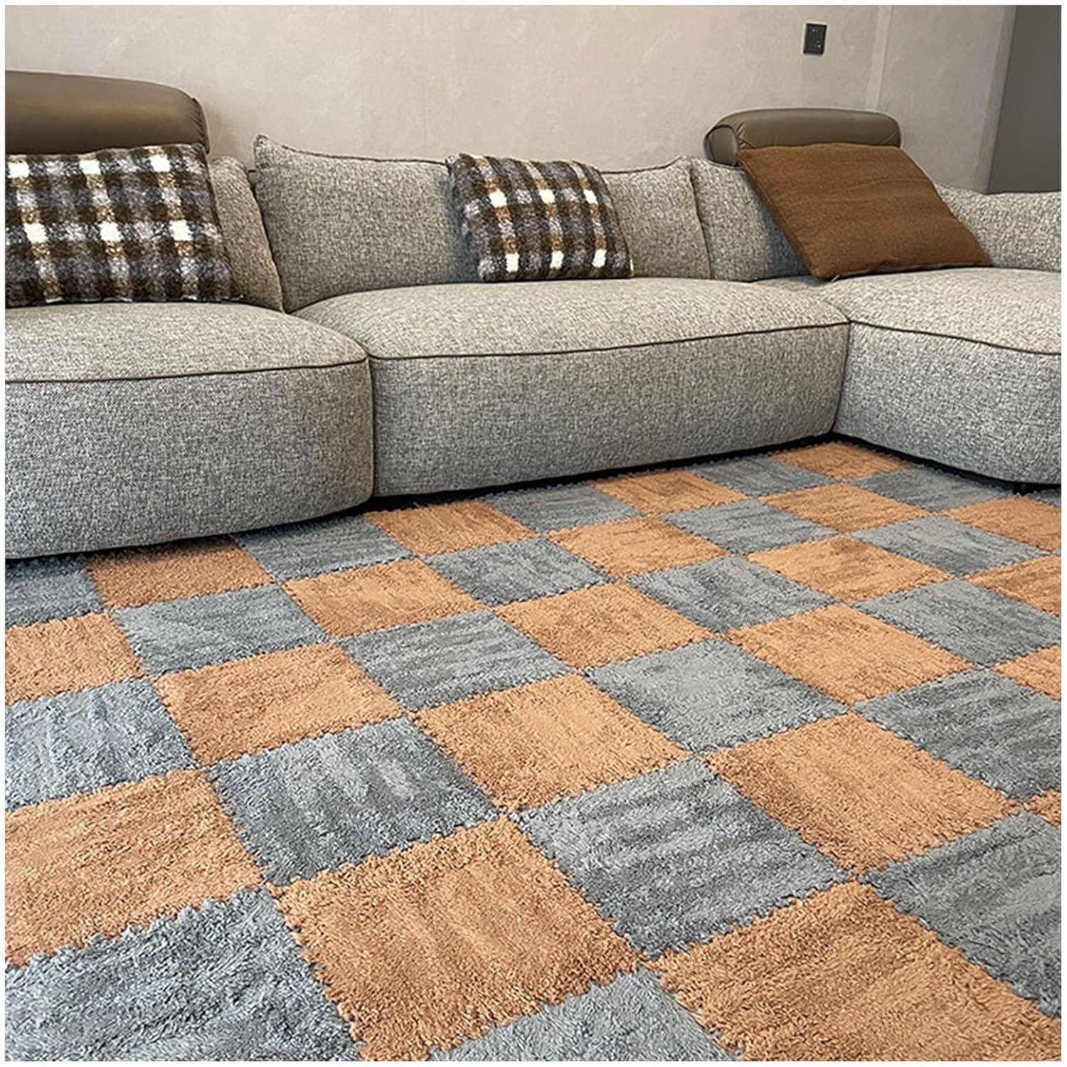 JvFbjLF Plush Carpet Puzzle Mats For Floor Interlocking Foam Floor Mat 30x30cm Carpet Square Fluffy Foam Tiles(Gray+Brown)