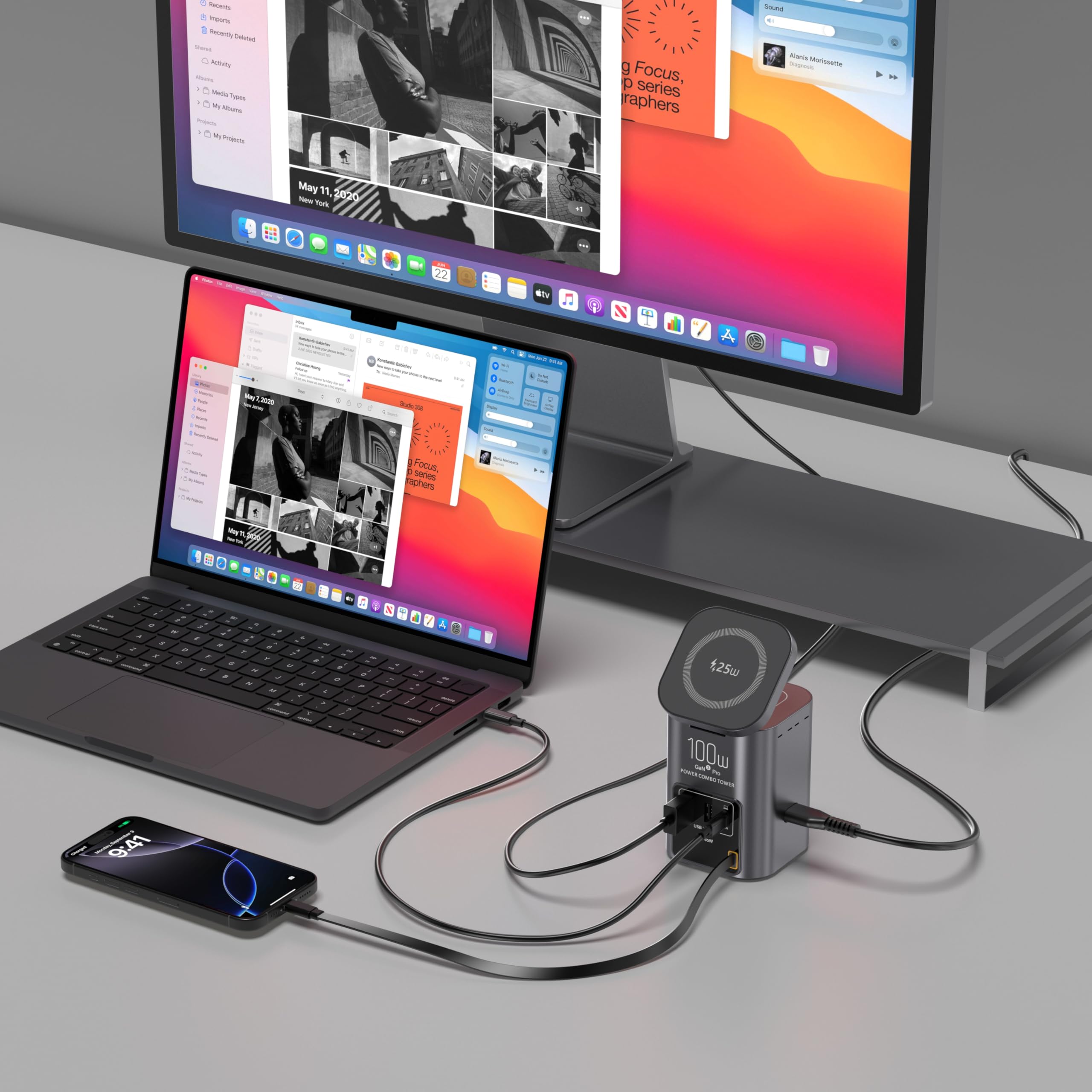 Caricatore USB C 100W da 6 in 1, Stazione di Ricarica con Caricatore Wireless Qi2.2 25W Cavo USB-C Retrattile 65W e Porta USB-C 65W e HDTV 2.1 8K e Hub USB 3.0 per iPhone 17 Samsung Galaxy Laptop ecc