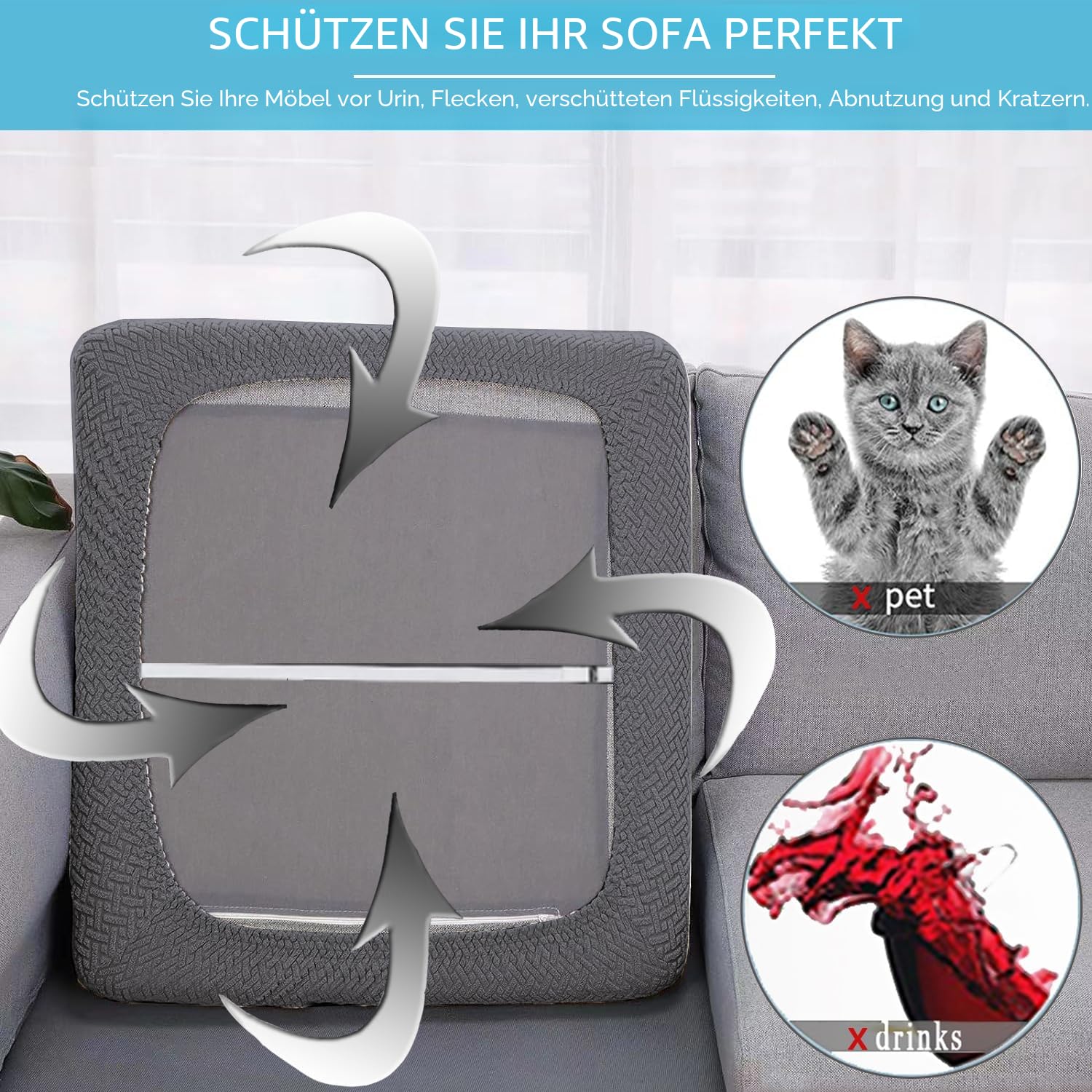 SHANNA Stretch Sofa Sitzkissenbezüge rutschfest Sofabezug: Gartenmöbel Couchkissen Schonbezüge wasserdichte Outdoor Patio Couch Kissen Schonbezug Möbelschutz für Haustiere (6-Sitzer,Dunkelgrau)