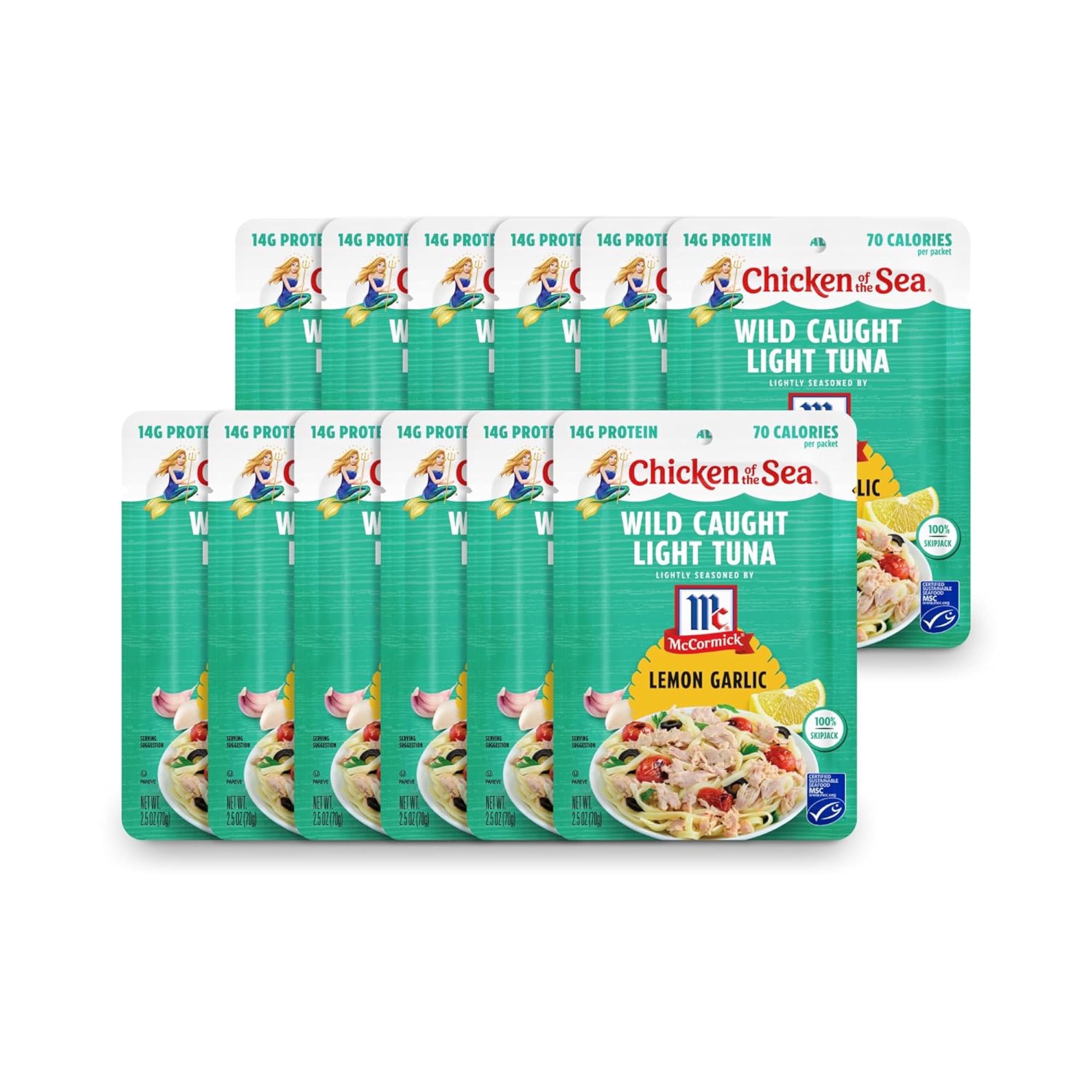 Chicken of the Sea Wild Caught Light Tuna, 2.5 oz. Packets (Box of 12), Lemon Garlic Seasoning