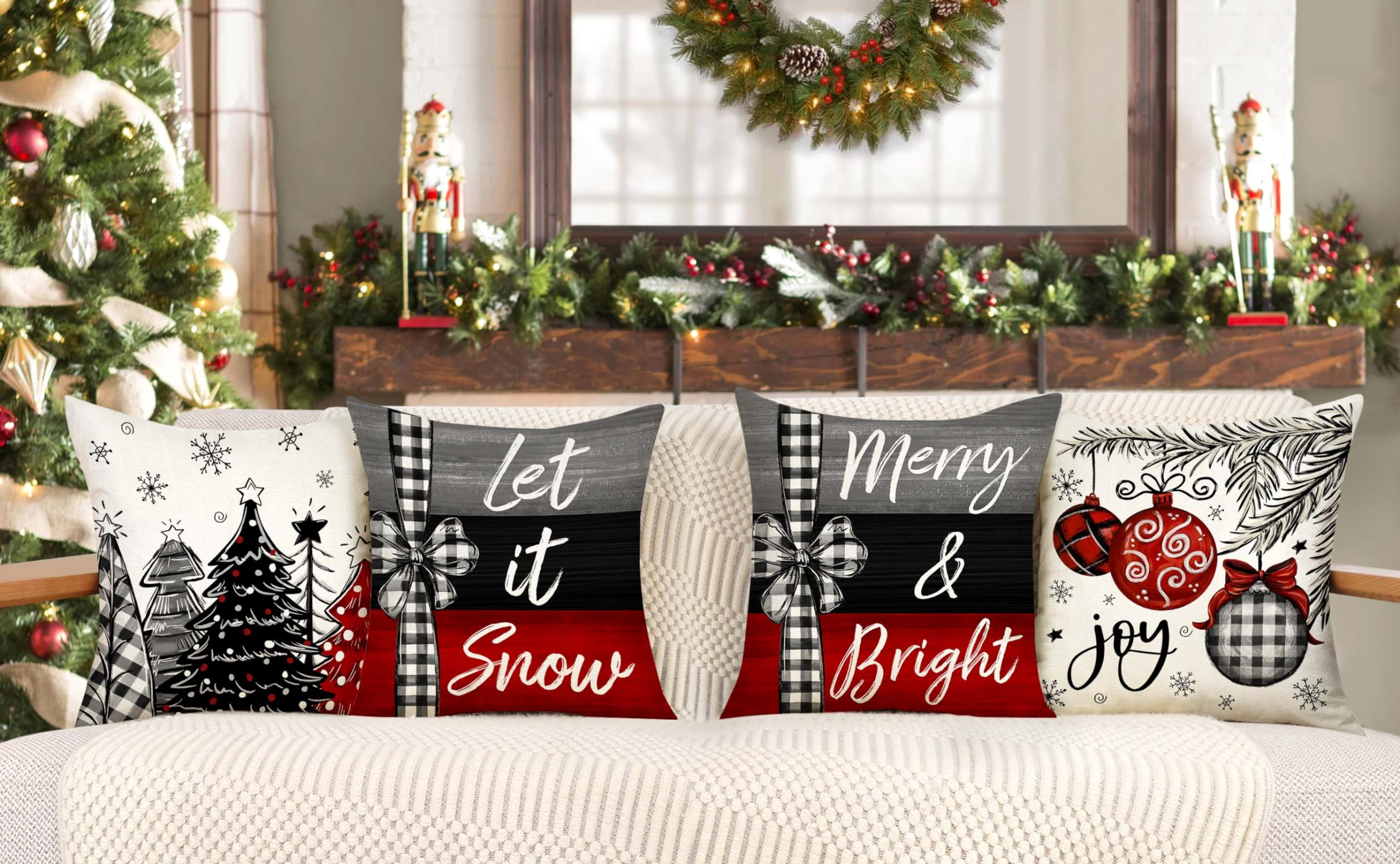 4TH Emotion Christmas Throw Pillow Covers 18 x 18 Inch Set of 4, Xmas Tree Winter Farmhouse Holiday Merry Bright Cushion Case for Home Couch Decoration S23C23 1