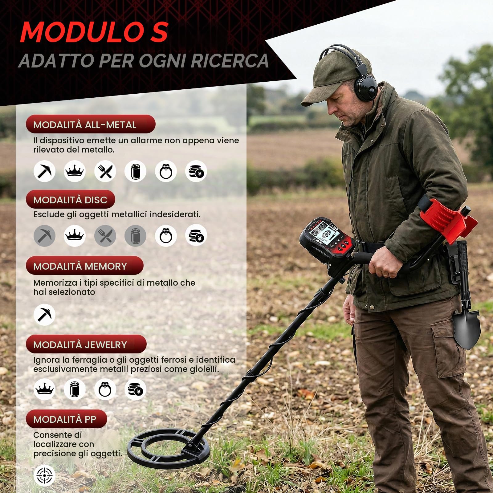 Metal Detector per Adulti Professionali, 5 Modalità ad Alta Precisione, Bobina Impermeabile 10in IP68 Lunghezza Regolabile 107-130 cm con Schermo LCD Ideale per Principianti e Esperti-rosso