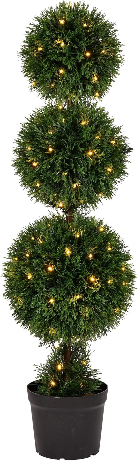 Vickerman Everyday 4 Foot Tall Artificial Pre-Lit Cedar Topiary Triple Ball Tree - UV Resistant Indoor Outdoor - Potted Natural Green - Home Patio Porch Faux Decor
