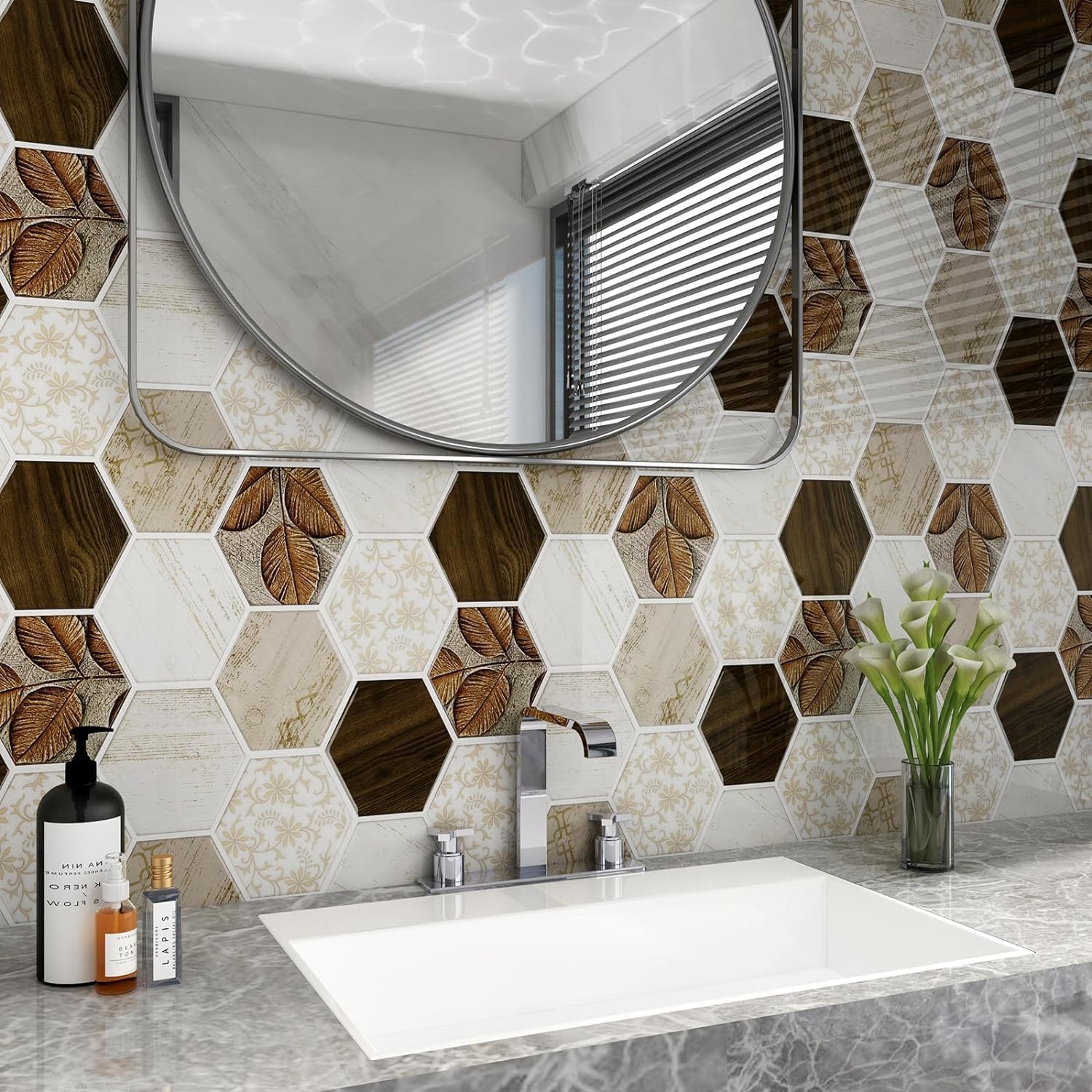 FunStick Credence Adhesive pour Cuisine Bois Marron Stickers Carreaux Beige 3D Buanderie 30×30CM 15 Dalles Murales Adhésives Cuisine Bois Stickers Carrelage Salle de Bain Carrelage Autocollant Mural