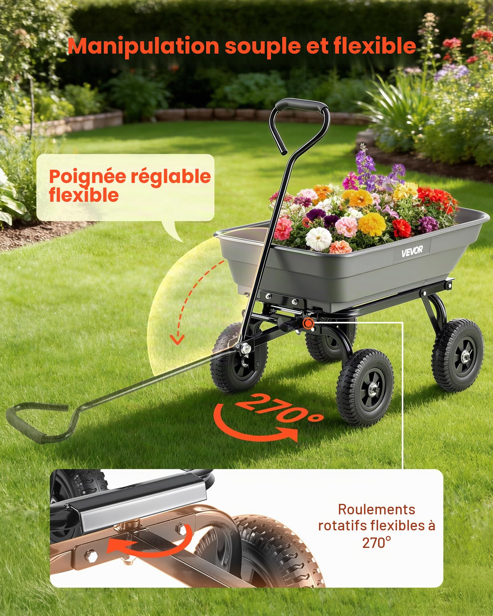 VEVOR Chariot de Jardin Basculant Max. 181 kg Chariot à Benne Basculante en PP pour Transport de Bois Plantes Terre, Basculement à 90°, 4 Roues Increvables Pivotantes à 180°, Roulement Rotatif à 270°
