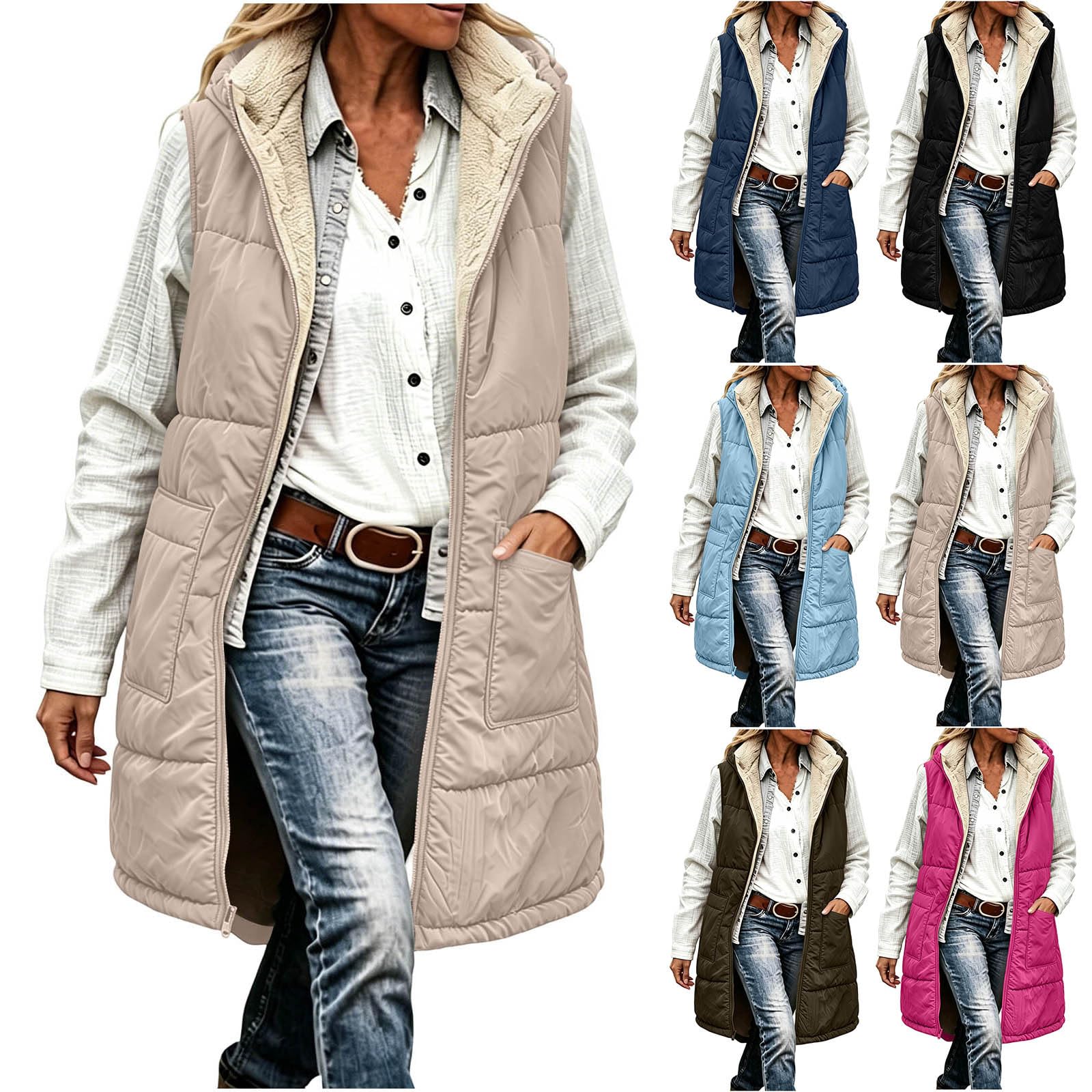 Rvnyia Long Padded Gilet Womens UK Fleece Lined Hooded Sleeveless Waistcoat