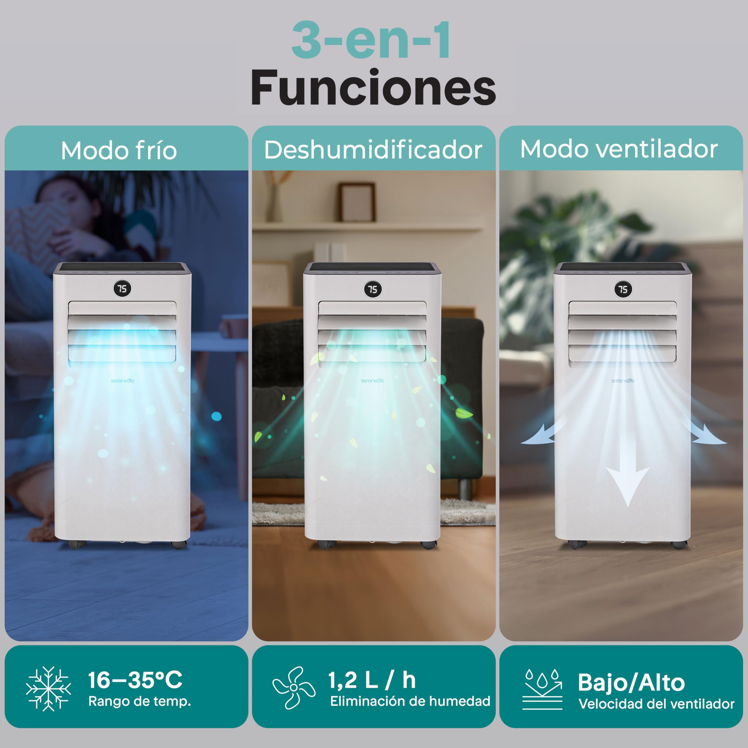 SereneLife Aire Acondicionado Portátil 9000 BTU, Climatizador WiFi con Mando a Distancia, Kit de Montaje para Ventana, Deshumidificador y Ventilador, Compacto para Casa, Oficina y Escuela