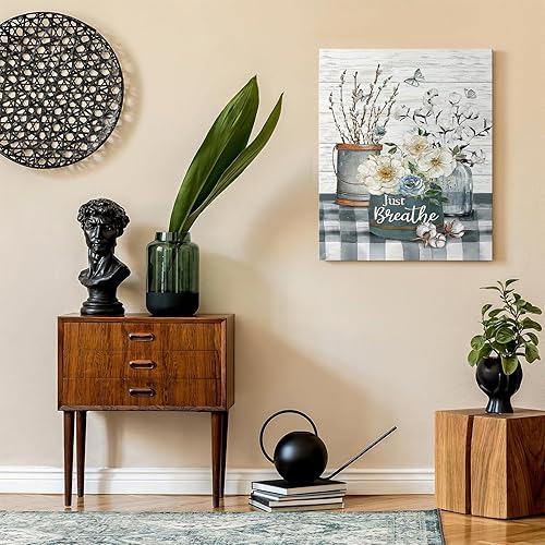 Miniatura 5 de Luslya Arte de pared rústico de algodón blanco con diseño de flores de algodón con texto en inglés "Just Breathe", pintura de baño, pósteres