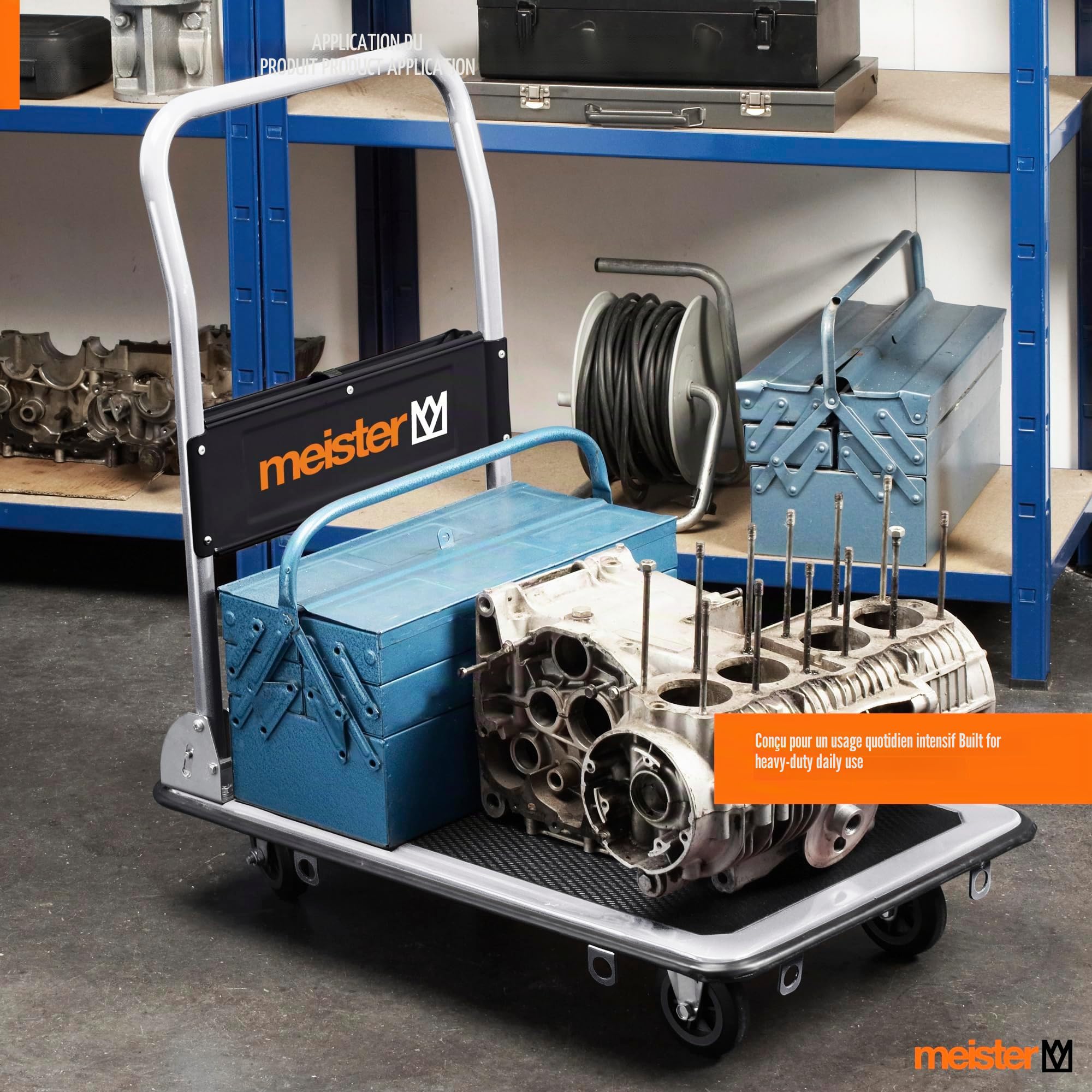 Meister Chariot de plateforme - Pliable - Jusqu'à 300 kg de capacité de charge - Frein de stationnement / Aide au transport avec roulettes pivotantes / Chariot pliable en acier / 8985540