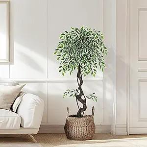 GarveeHome Artificial Ficus Tree for Home Decor Indoor,4FT Faux Floor Tree White Imitation Ceramic Planter, Indoor Outdoor Lifelike Fake Ficus Tree with Pebbles & Green Fake Moss for Office