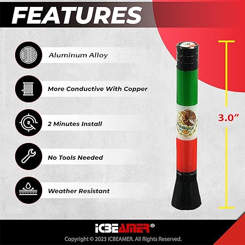 Miniatura 2 de ICBEAMER - Antena automotriz de radio AMFM hecha de aluminio de 3 pulgadas (76 mm), con la bandera de México y una bobina de cobre interna de ajuste