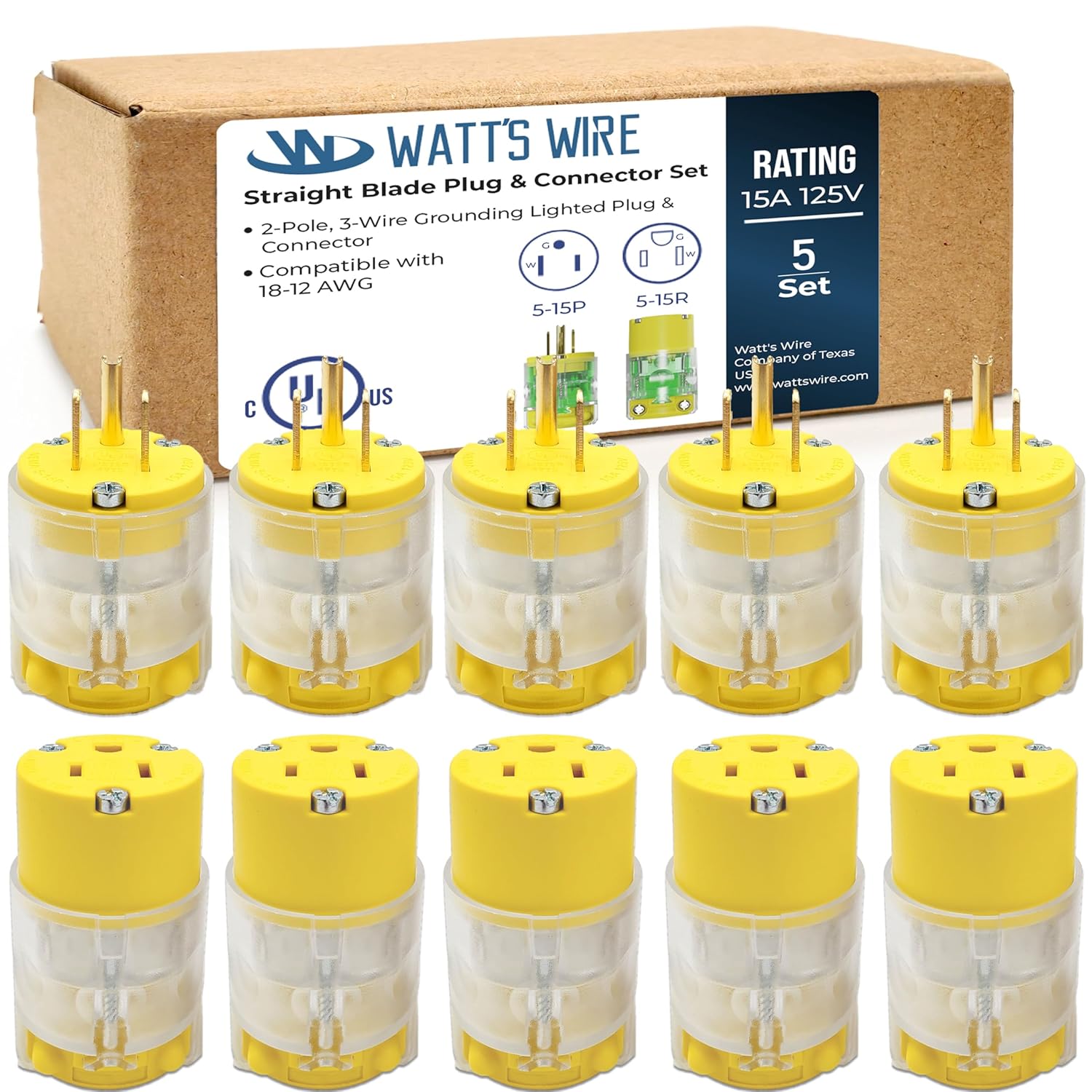 Extension Cord Ends Male and Female 5 Set, 15 Amp 125 Volt NEMA 5-15 Heavy Duty Replacement Plug and Connector Set, UL Listed