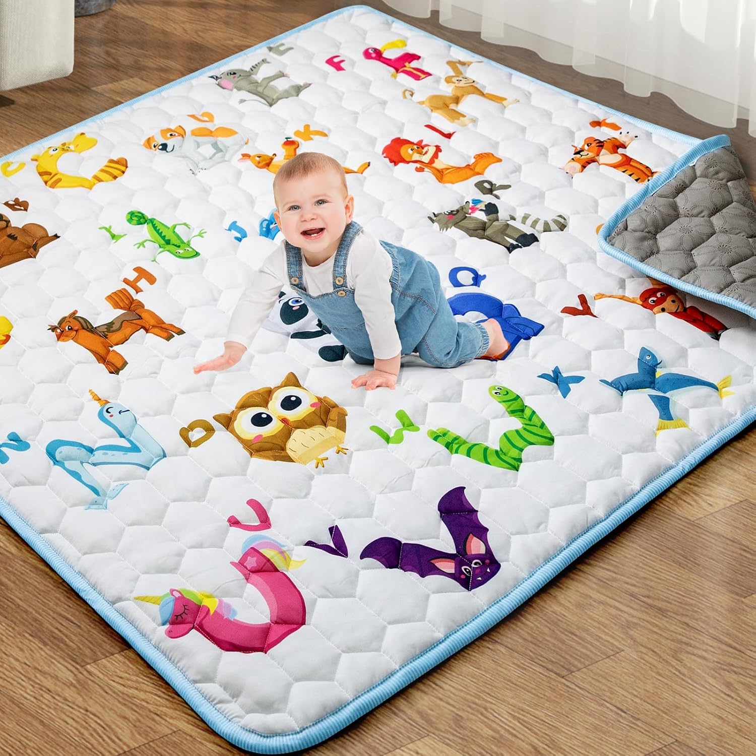 Baby Play Mat for Floor, 71x59 Thicker Baby Play Mat for Playpen, One-Piece Crawling,Soft Odorless Floor Activity Mat for Babies,Toddlers, Infants, Foldable and Machine Washable (Animal Alphabet) 71" x 59"