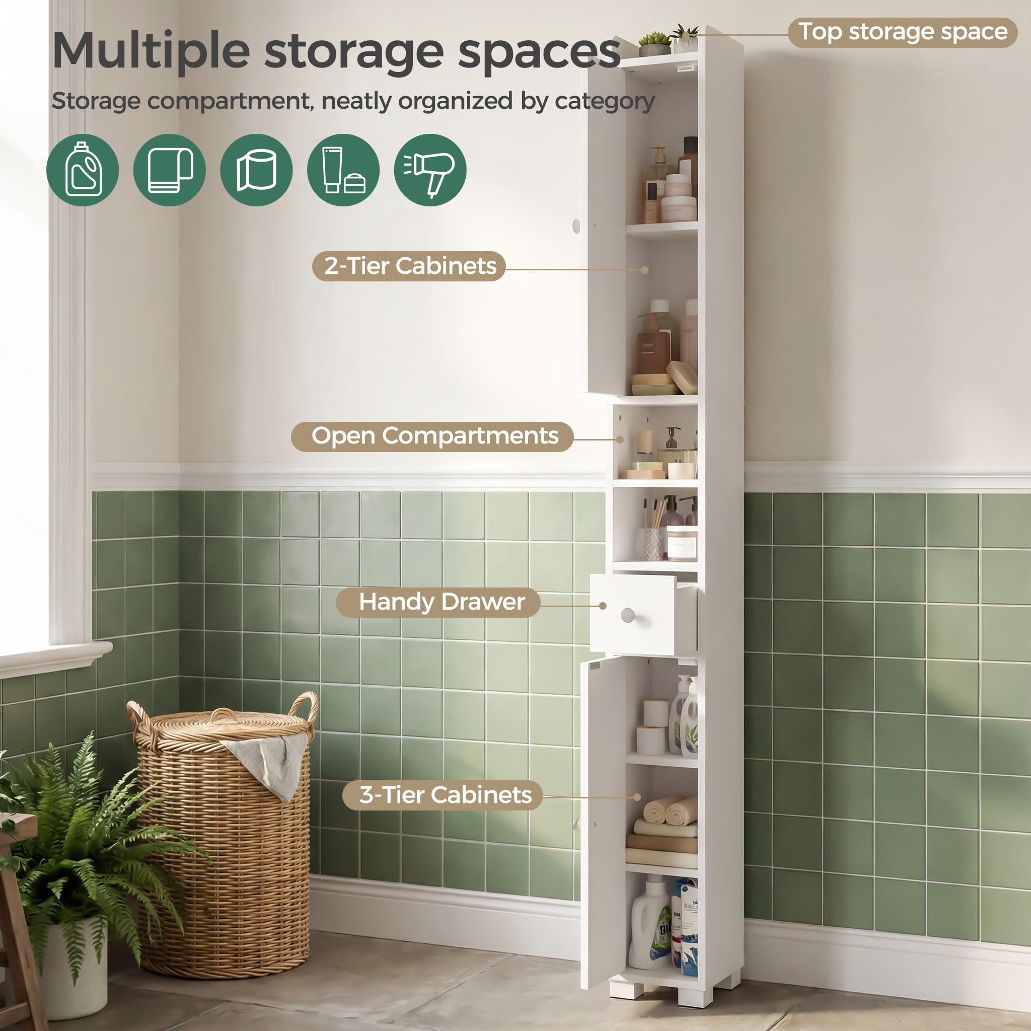 Mondeer Mobile da bagno alto e sottile, per piccoli spazi larghi 20 cm | Mobile portaoggetti stretto autoportante con cassetto, 5 ripiani regolabili e 2 scomparti aperti, 20 x 20 x 180 cm, bianco