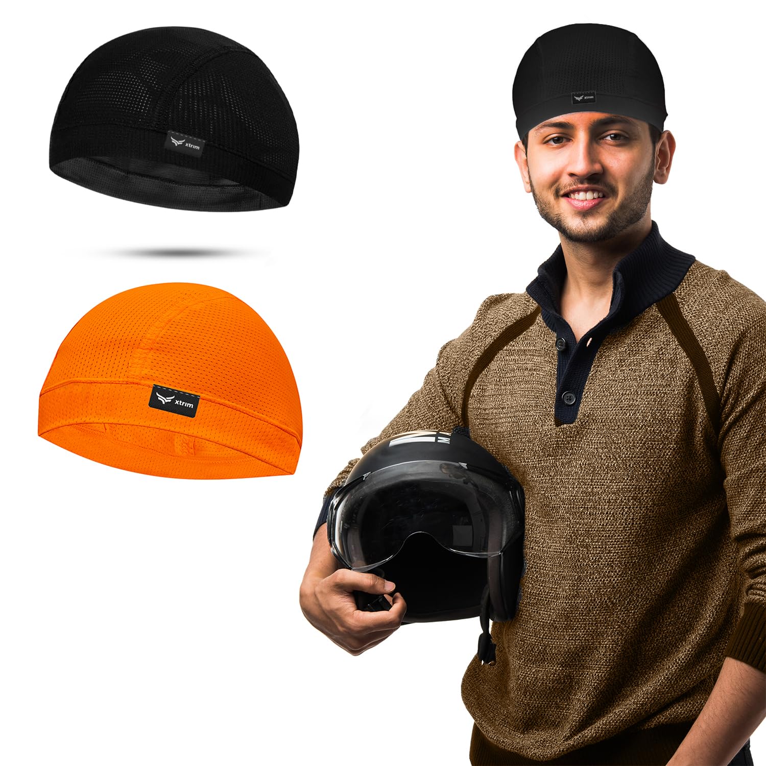 XTRIM Unisex Helmet Skull Cap for Bikers & Cyclists, Cotton Inner Cap, Sweat Absorbing Cooling Beanie for Men & Women, Summer Skull Cap, Sports Headwear, Gym & Bike Accessories (Orange, Black)