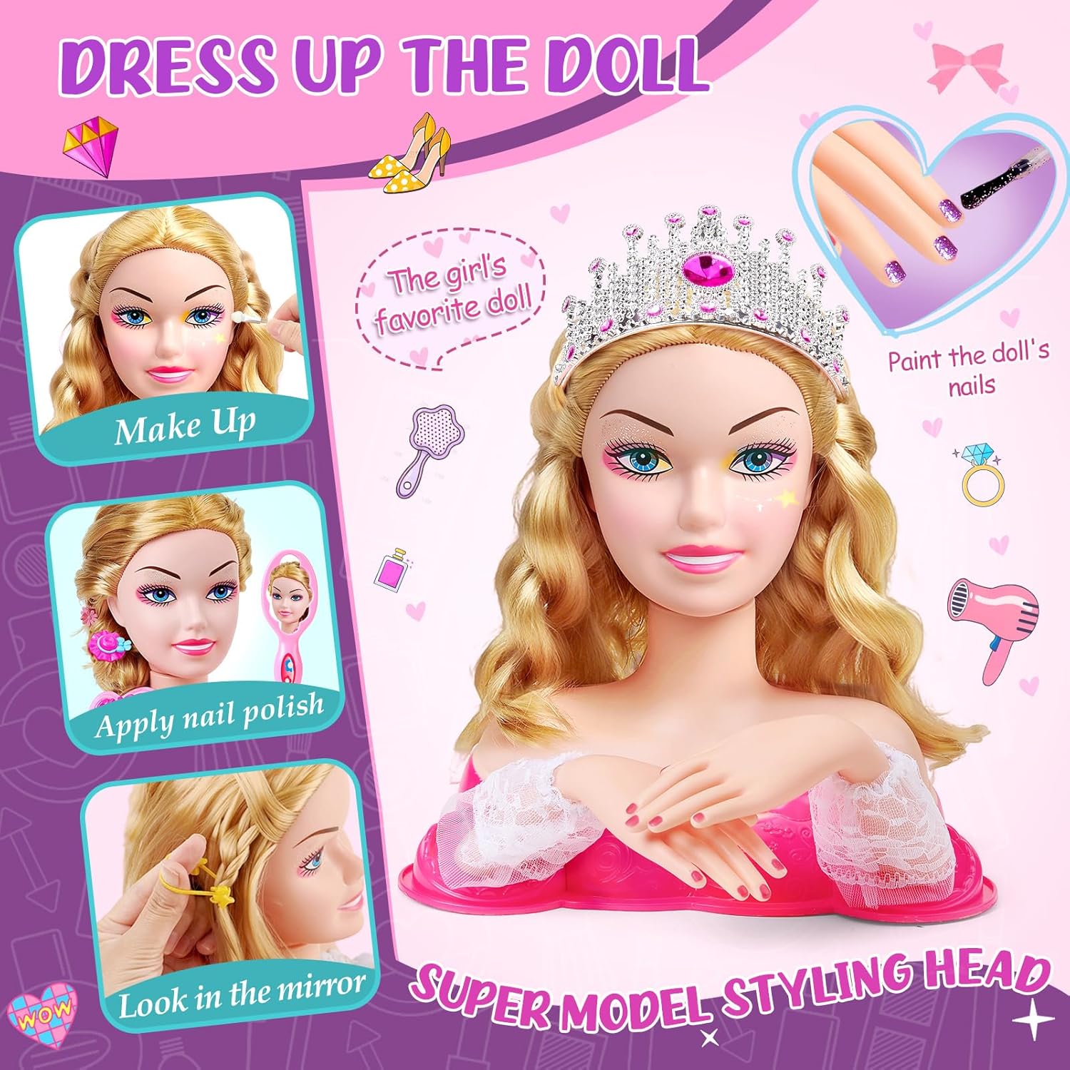Hair Styling Doll Head Makeup Kit for Girls Toys - Kids Hair Salon Pretend Playset with Hairdryer, Curling Iron, Headwears & Real Makeup, Birthday Gift for Girl 3 4 5 6 7 8+