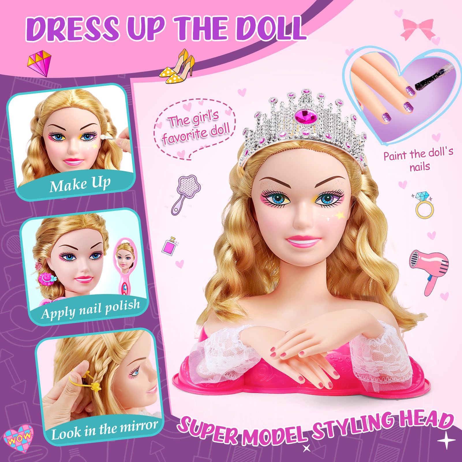 G.C Testa Bambola da Truccare e Pettinare Giocattoli Bambina 4 5 6 7 8 Anni con Asciugacapelli Smalto Pelabile Unghie Trucchi Corona Accessori per Capelli,Set Parrucchiera Bambina Regalo Compleanno