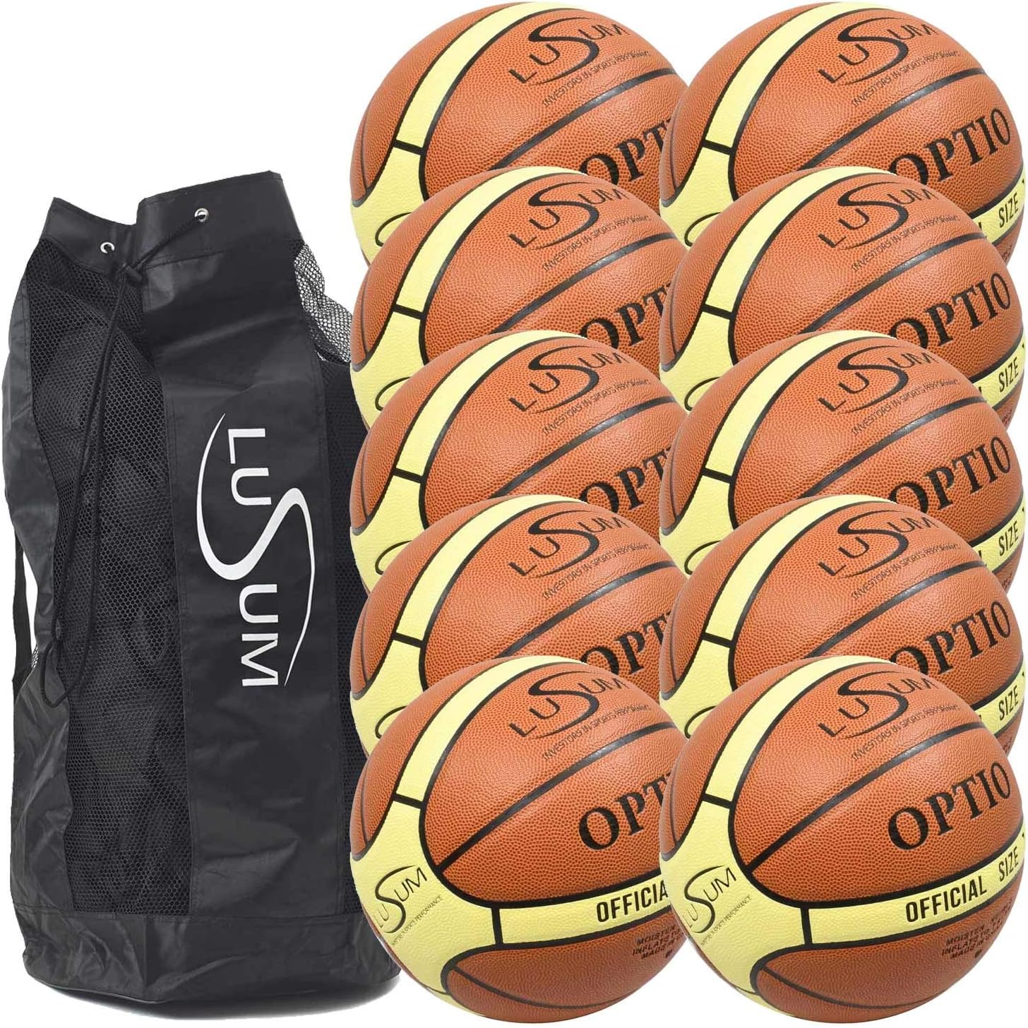 Lusum 10 x Indoor Outdoor Optio Leather Basketballs And Ball Bag