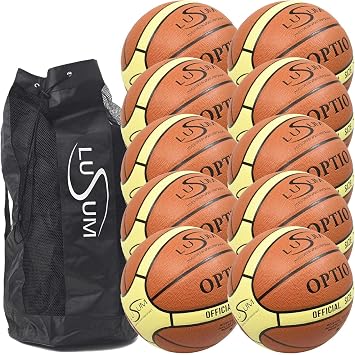 Lusum 10 x Indoor Outdoor Optio Leather Basketballs And Ball Bag