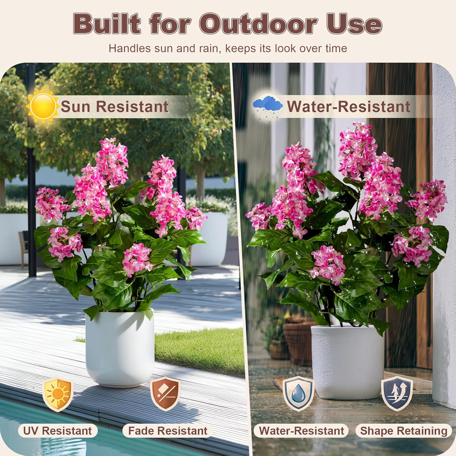 2 Set Faux Hydrangea Flowers Outdoor 26" Large Hydrangea Artificial Flowers with UV Resistant Design Silk Front Porch Hydrangeas Trees Decor Pot Fake Plants for Garden Yard Patio Decor (Rose red)