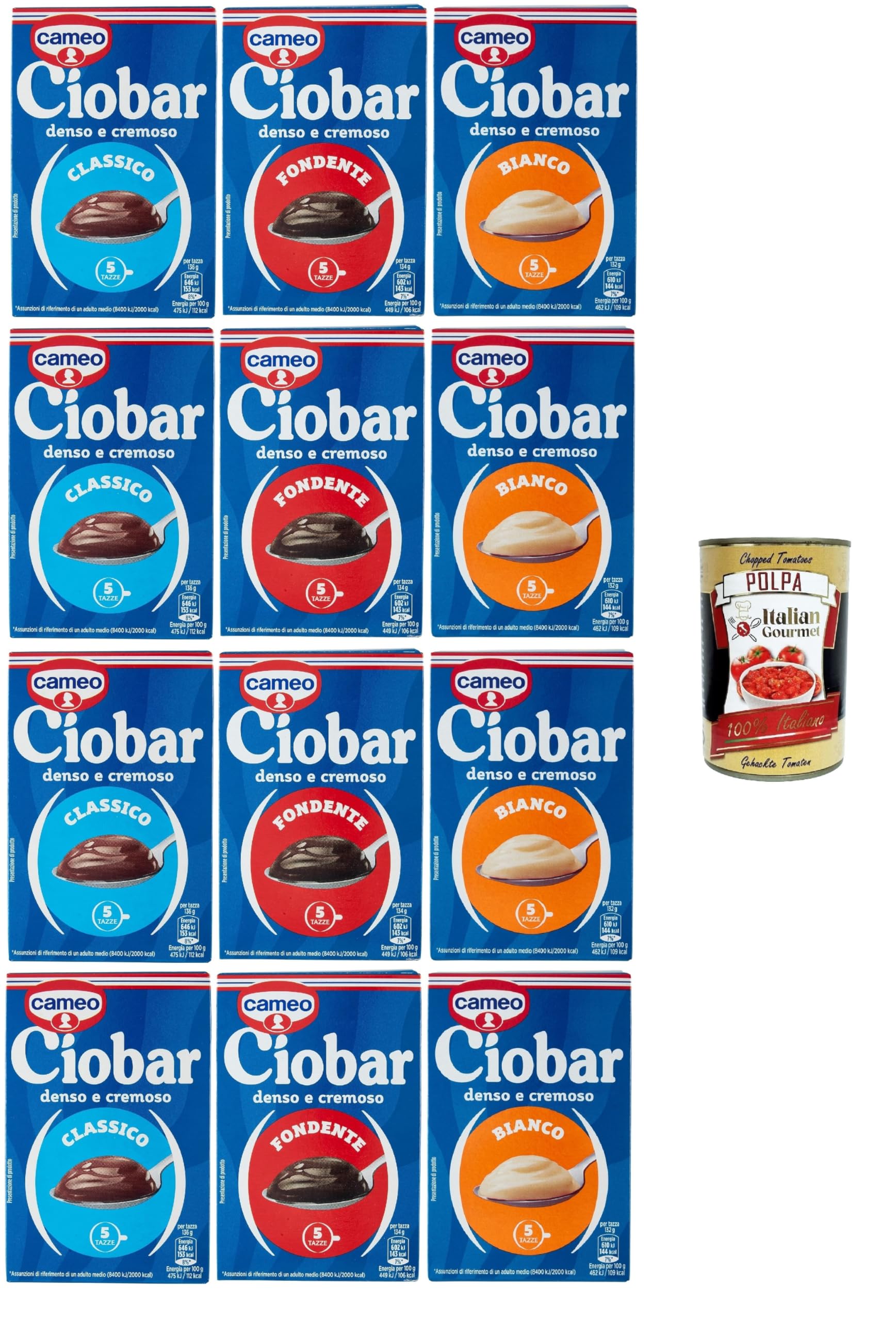 Cameo Ciobar Testpaket, chocolat chaud soluble Chocolat instantané, Istant hot chocolate, Adapté à la préparation végétalienne, 9x 125g, 3x 105g + Italian Gourmet polpa 400g