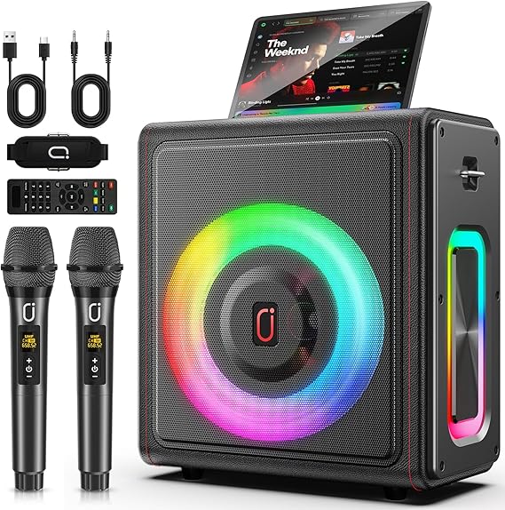 Karaoke Machine, Portable Bluetooth 5.3 Speaker with 2 Wireless Microphones for Adults, PA System with Pitch Correction & Echo Adjustment, Supports TWS/TF Card/USB/AUX/Live for Home Party