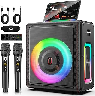 Karaoke Machine, Portable Bluetooth 5.3 Speaker with 2 Wireless Microphones for Adults, PA System with Pitch Correction & Echo Adjustment, Supports TWS/TF Card/USB/AUX/Live for Home Party