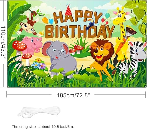 Miniatura 2 de HOWAF Cartel de tela de feliz cumpleaños para decoración de fiestas temáticas de animales de la selva, decoración de fondo de pared para niños,