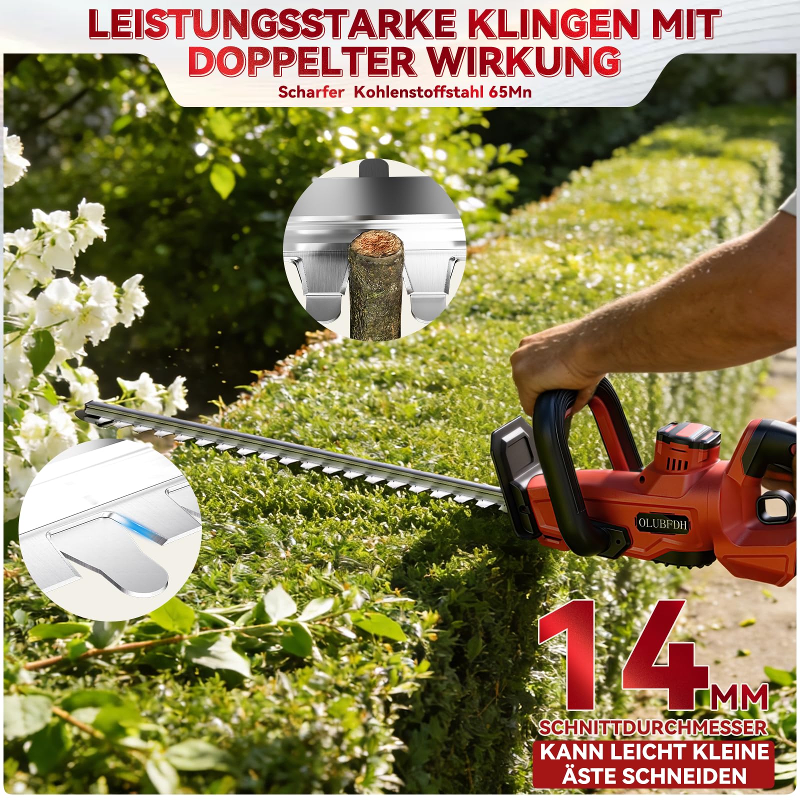 Akku-Heckenschere, für Makita 18V Akkus, Lange Heckenschere (ohne Akku) | Bürstenloser Motor, 52 cm Schnittlänge, 14 mm Zahnabstand, 270° drehbarer Kopf, Inklusive Reinigungspinsel