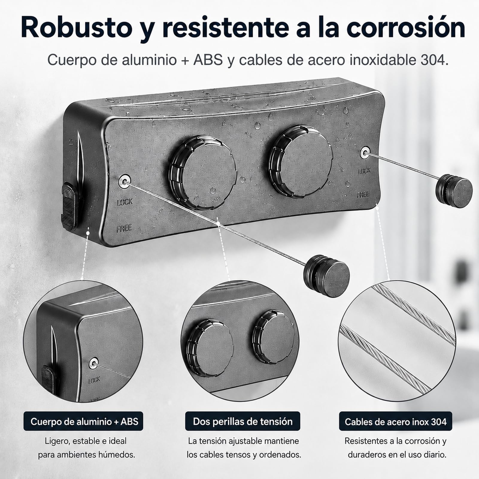 Tendedero Retráctil Doble para Balcón, Cuerda Extensible 5 m, Gris
