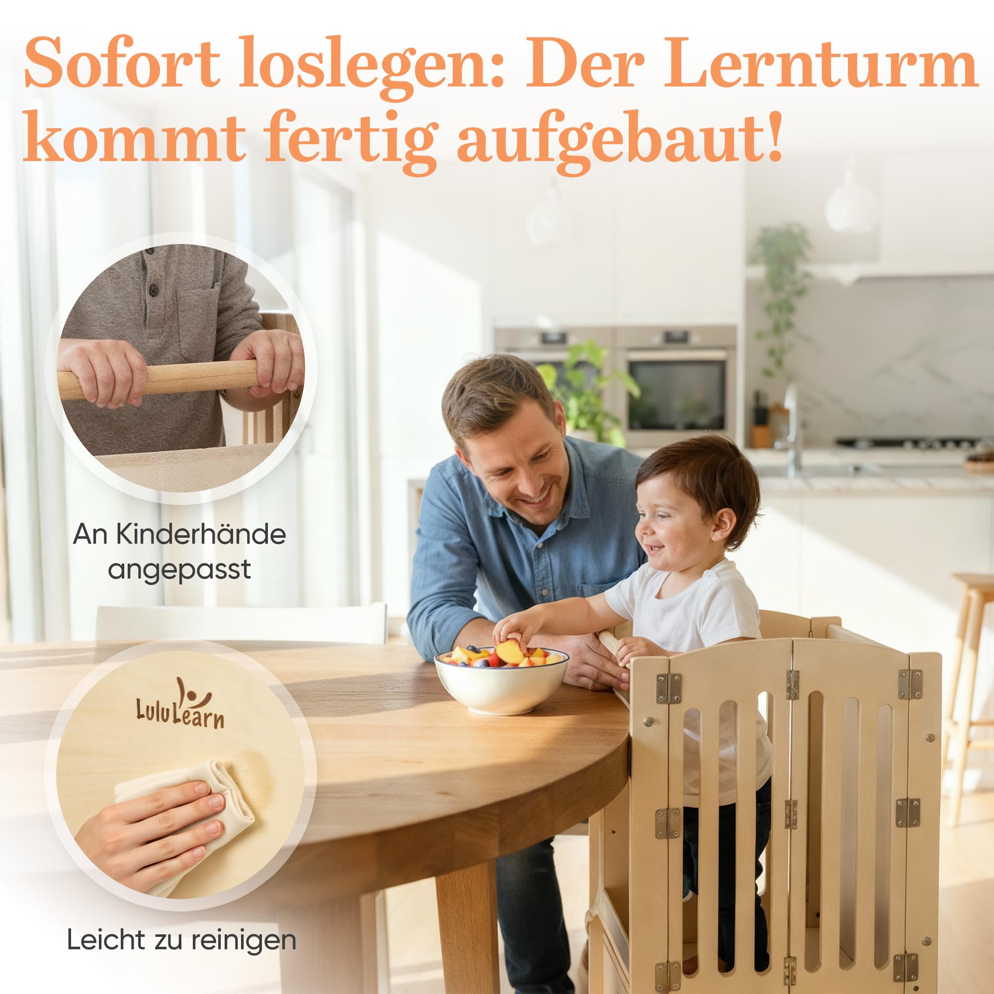 Lernturm ab 1 Jahr [FALTBAR] – Montessori Learning Tower, vormontiert, höhenverstellbar & extra sicher | Platzsparender Tritthocker für Küche & Alltag (Natural)