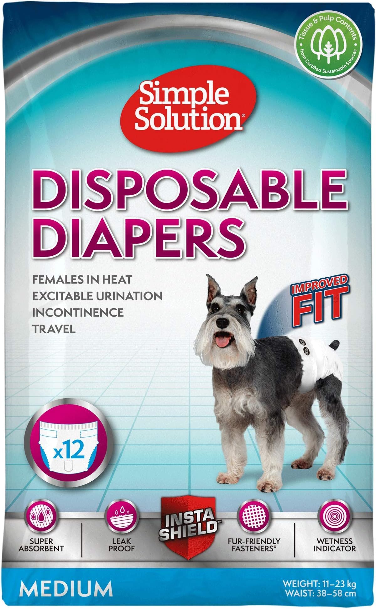 Simple Solution Disposable Female Dog Diapers, White, Medium, Pack of 12, M (Pack of 1)