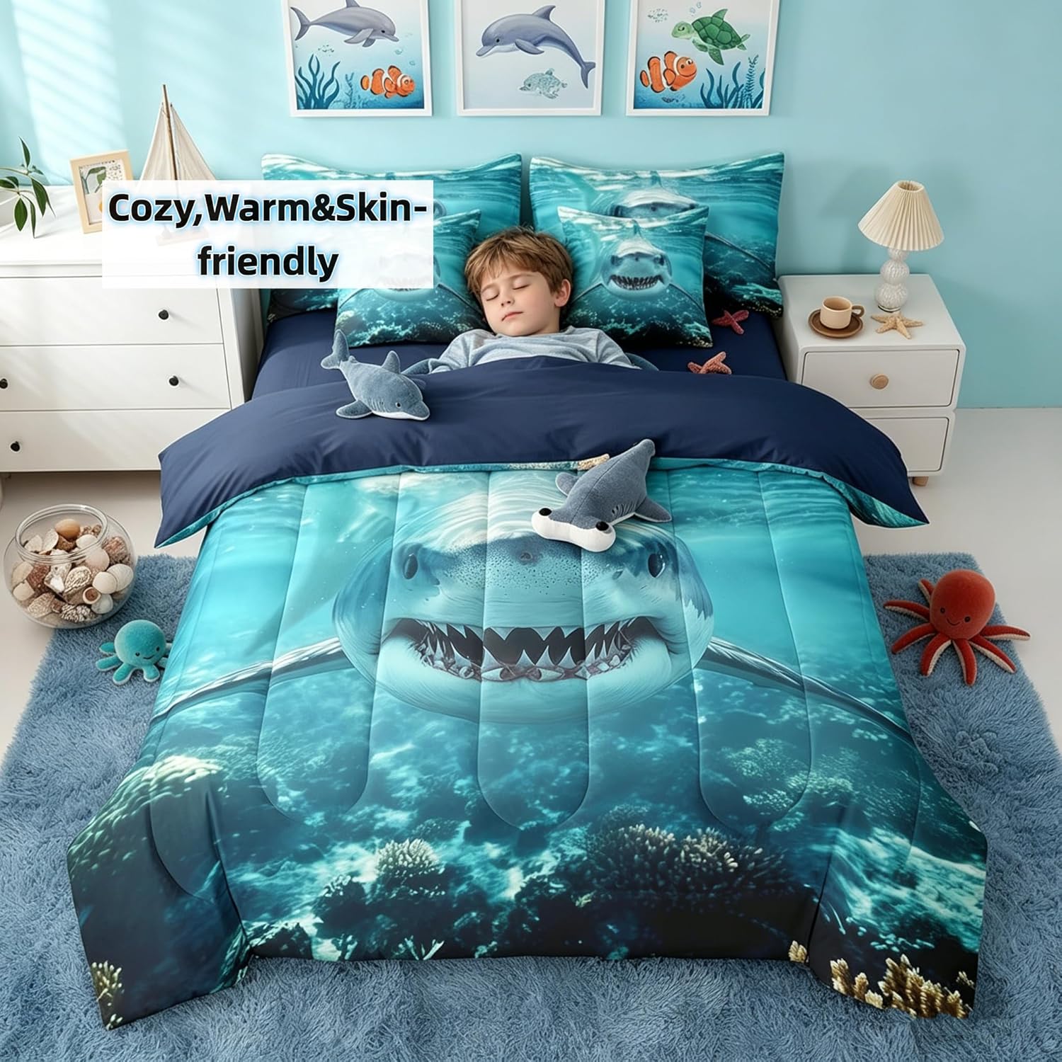 Erosebridal Shark Bedding Set Full Size 3D Shark 7 Piece Comforter Set for Boys,Sea Animal Theme Bedding Sets with Comforter,Pillowcases,Flat Sheet,Fitted Sheet and Cushion Cover Soft Microfiber